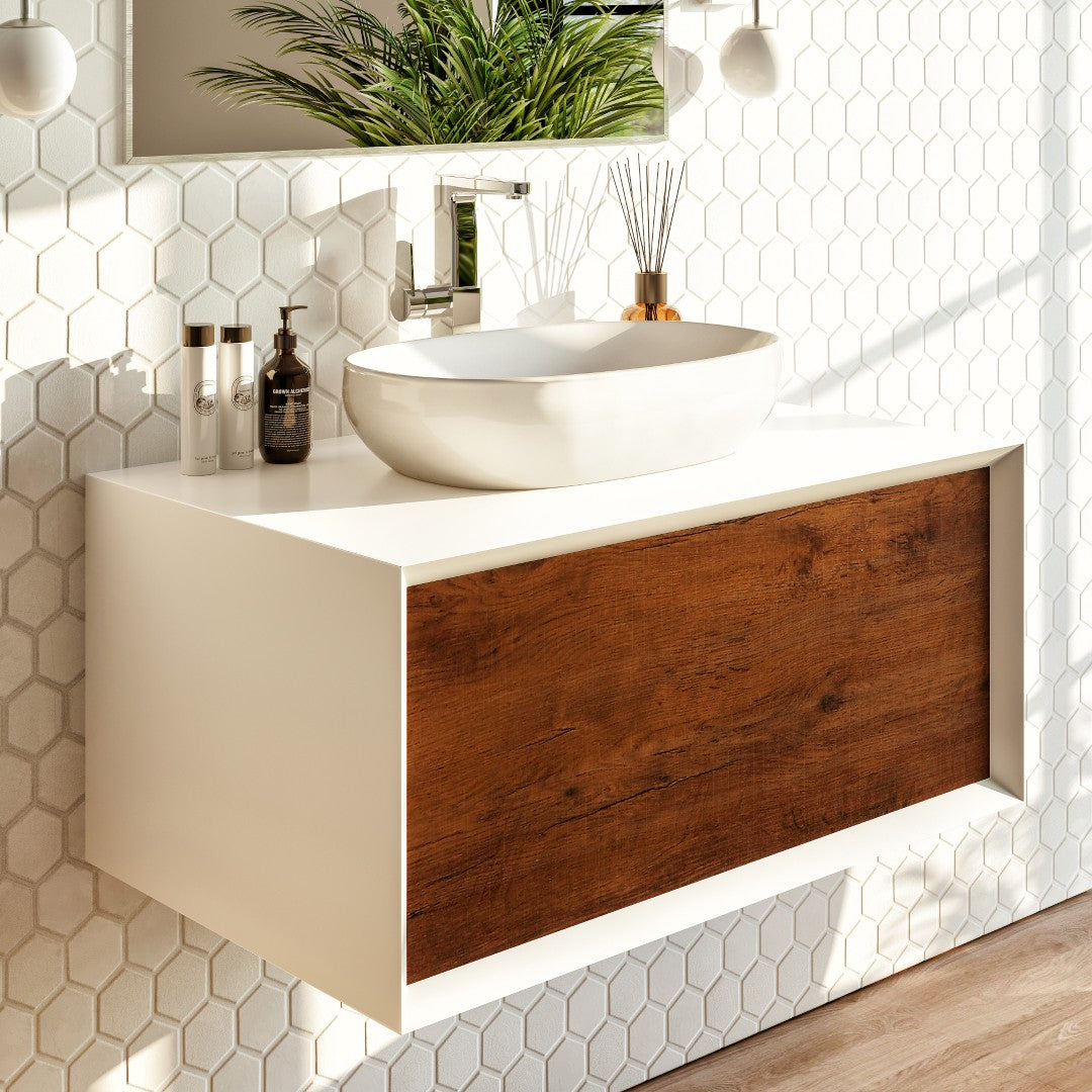 Santa Monica 36 in. Rosewood Wall Mount Single Sink Bath Vanity with Acrylic Top and Vessel Solid Surface Sink