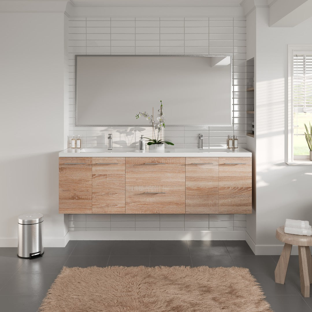 Axis 72 in. White Oak Wall Mount Double Sink Bath Vanity with Acrylic Top and Integrated Sinks