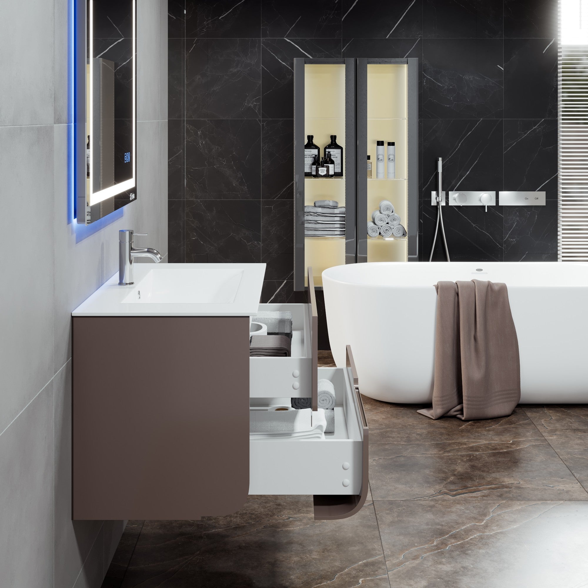 Ways 32 in. Mocha Wall Mount Single Sink Bath Vanity with Porcelain Top and Integrated Sink