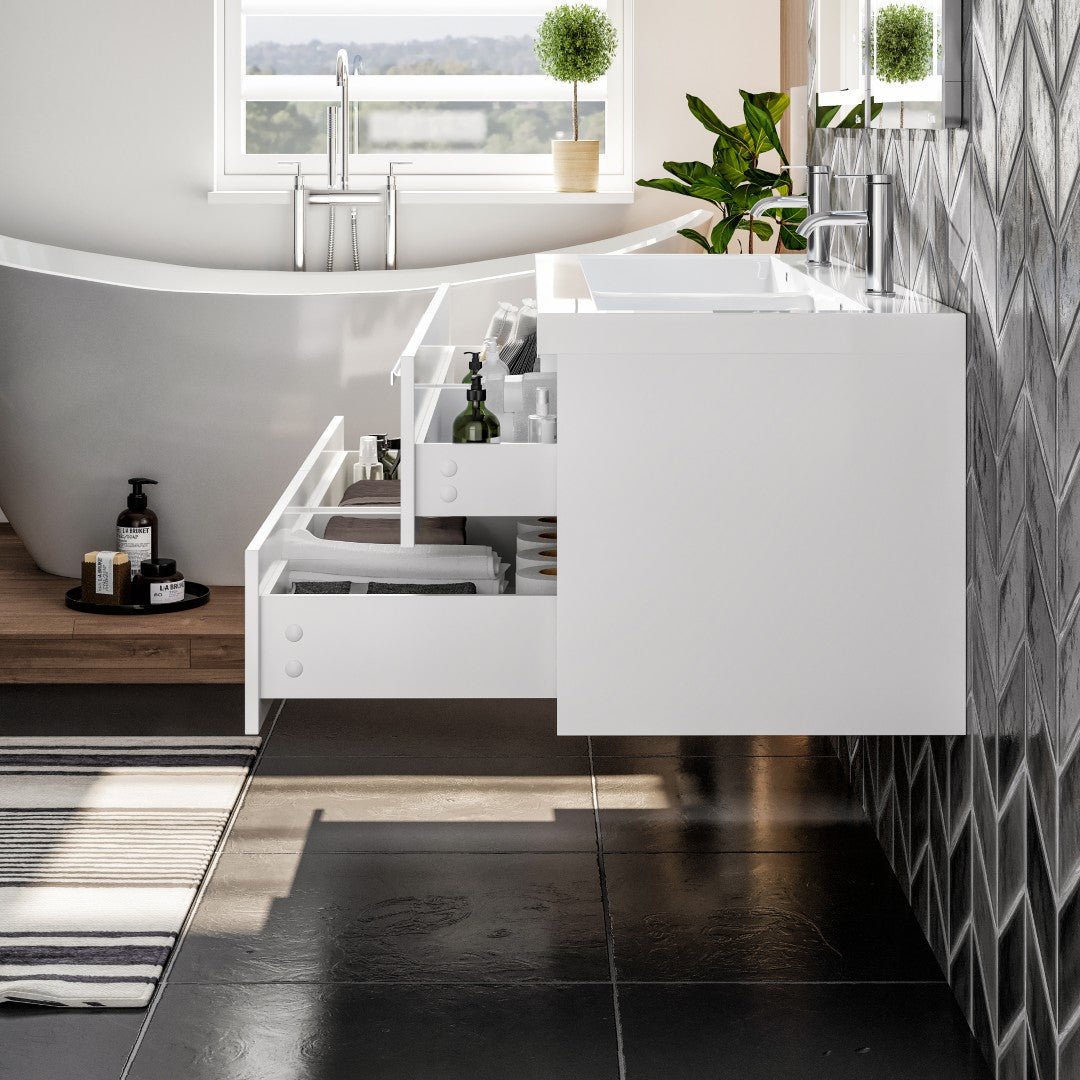 Surf 57 in. White Wall Mount Double Sink Bath Vanity with Acrylic Top and Integrated Sinks - Bathroom Vanity by Eviva