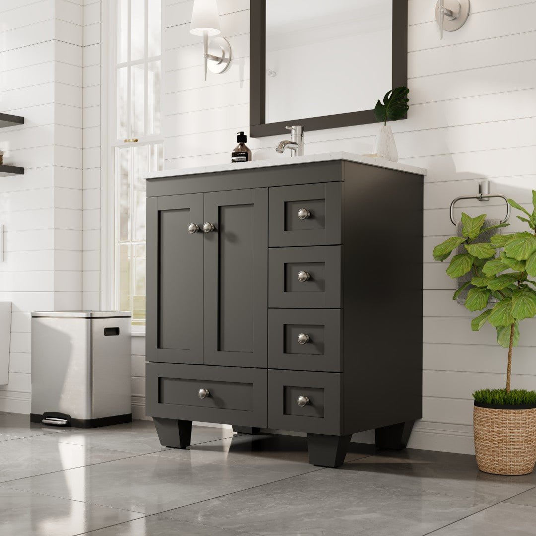 Happy 28 in. Espresso Single Sink Bath Vanity with Carrara Quartz Top and Undermount Porcelain Sink - Bathroom Vanity by Eviva