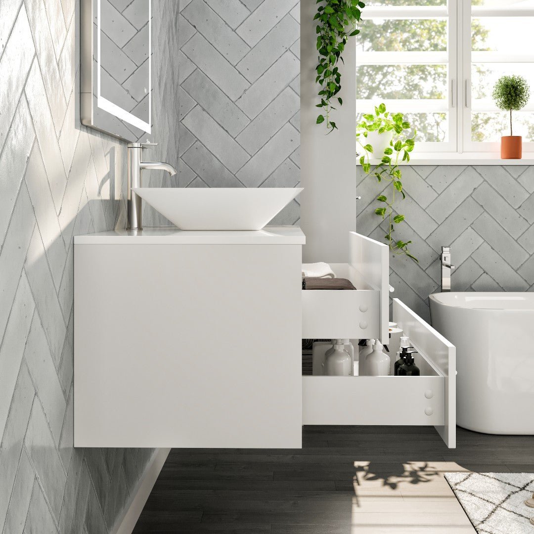 Wave 36 in. White Wall Mount Single Sink Bath Vanity with White Quartz Top and Vessel Porcelain Sink - Bathroom Vanity by Eviva