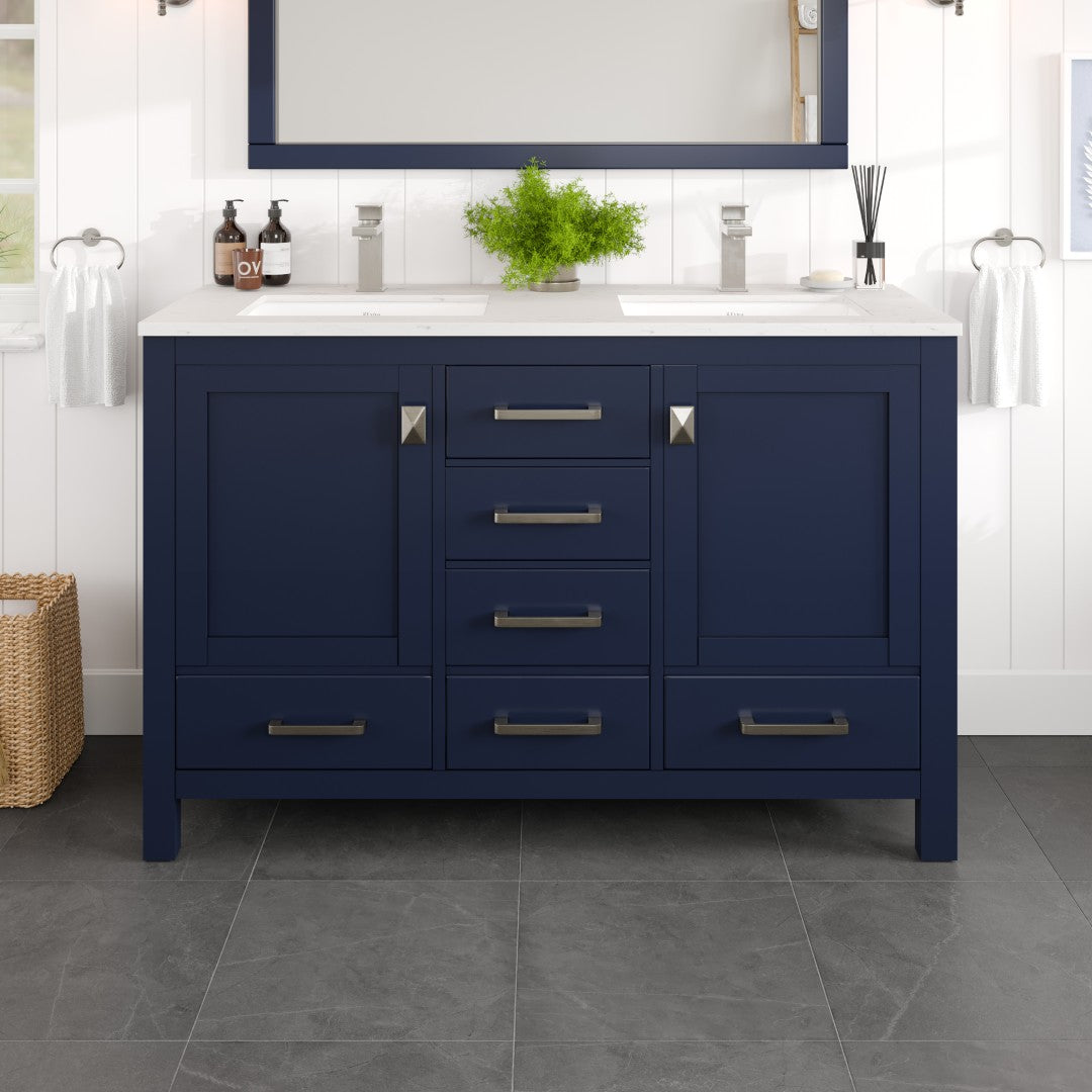 London 54 in. Blue Double Sink Bath Vanity with Carrara Quartz Top and Undermount Porcelain Sinks