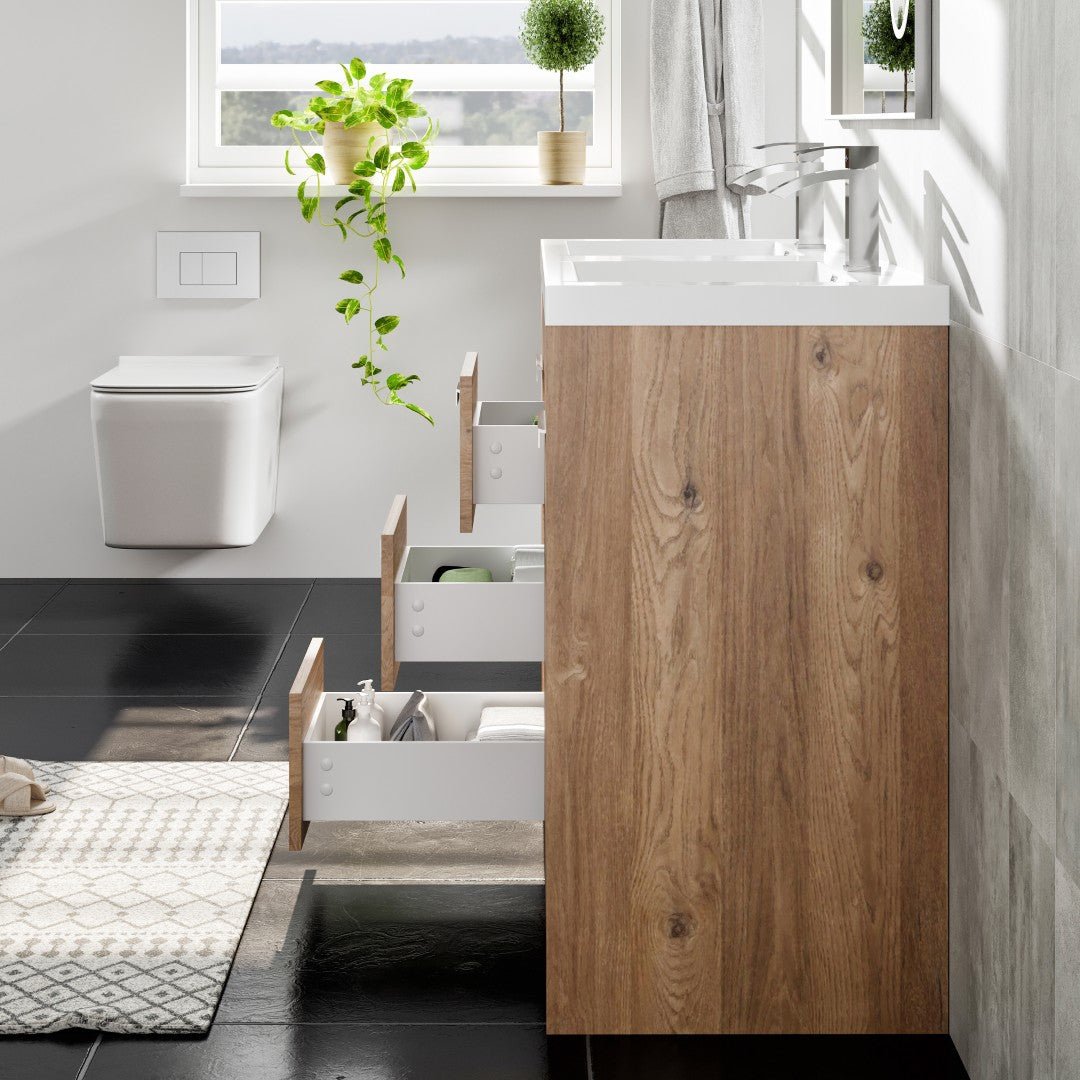 Lugano 48 in. Natural Oak Double Sink Bath Vanity with Acrylic Top and Integrated Sinks - Bathroom Vanity by Eviva