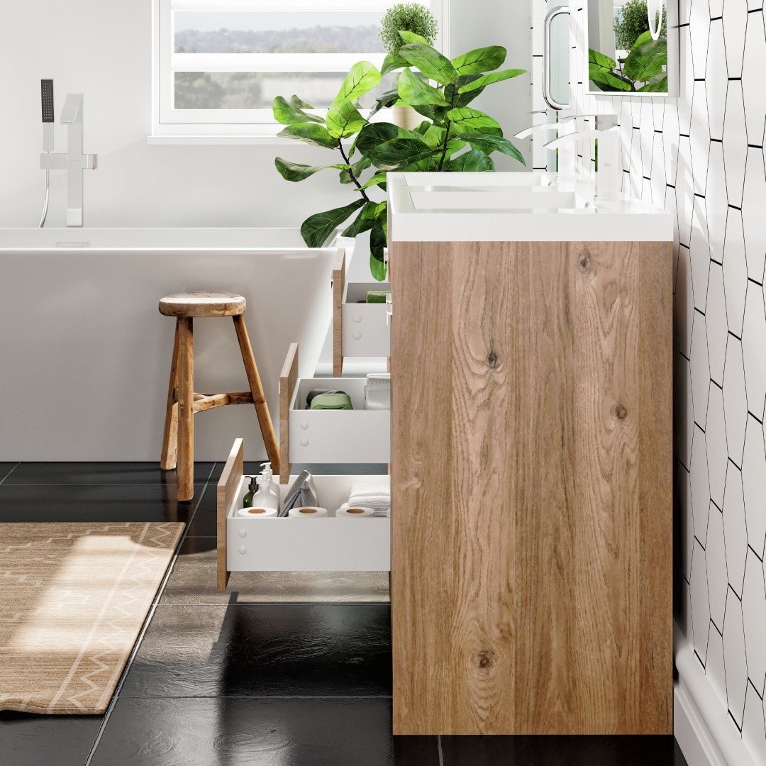 Lugano 60 in. Natural Oak Double Sink Freestanding Bath Vanity with Acrylic Top and Integrated Sinks - Bathroom Vanity by Eviva