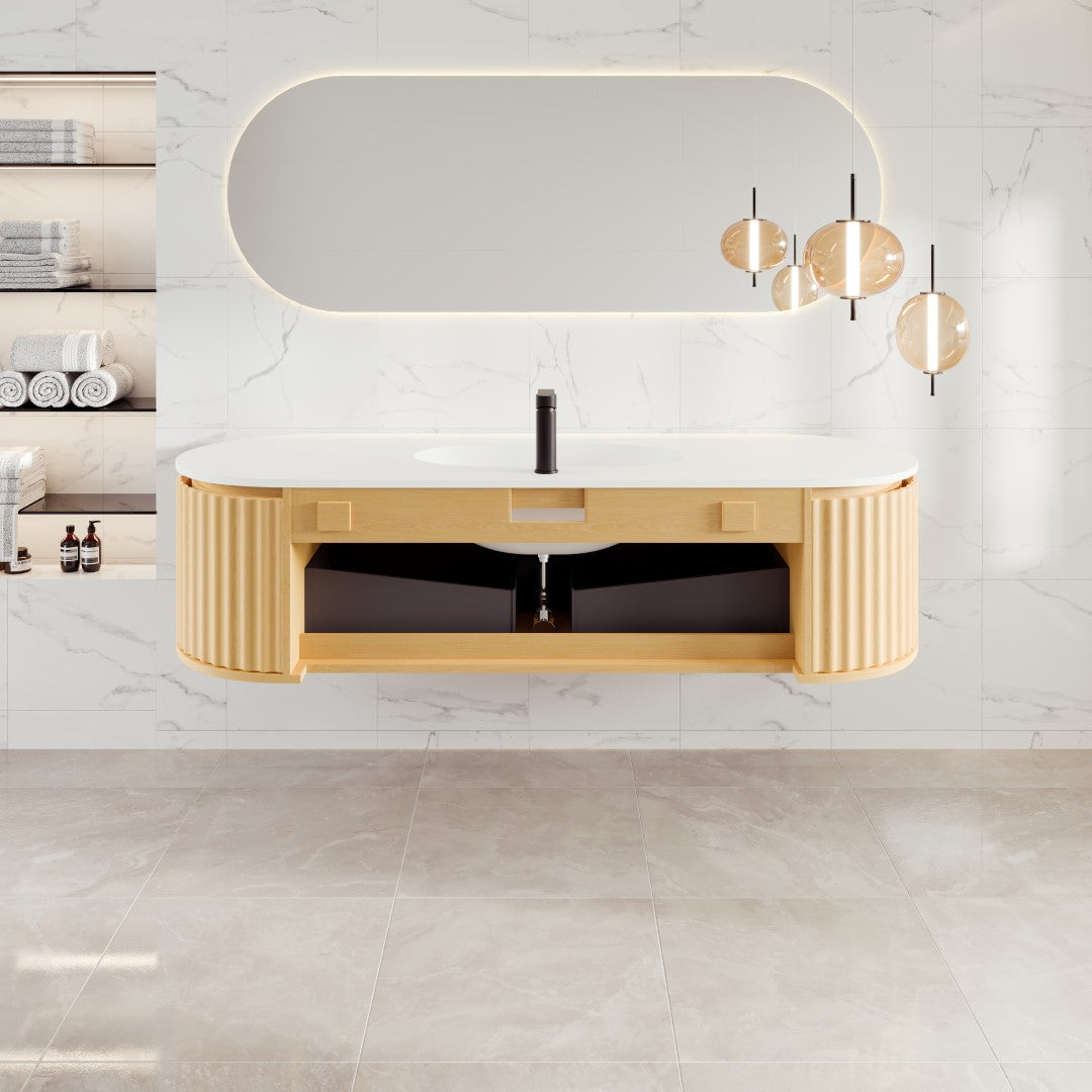 Haven 64 in. Natural Oak Wall Mount Single Sink Bath Vanity with Solid Surface Top and Integrated Sink