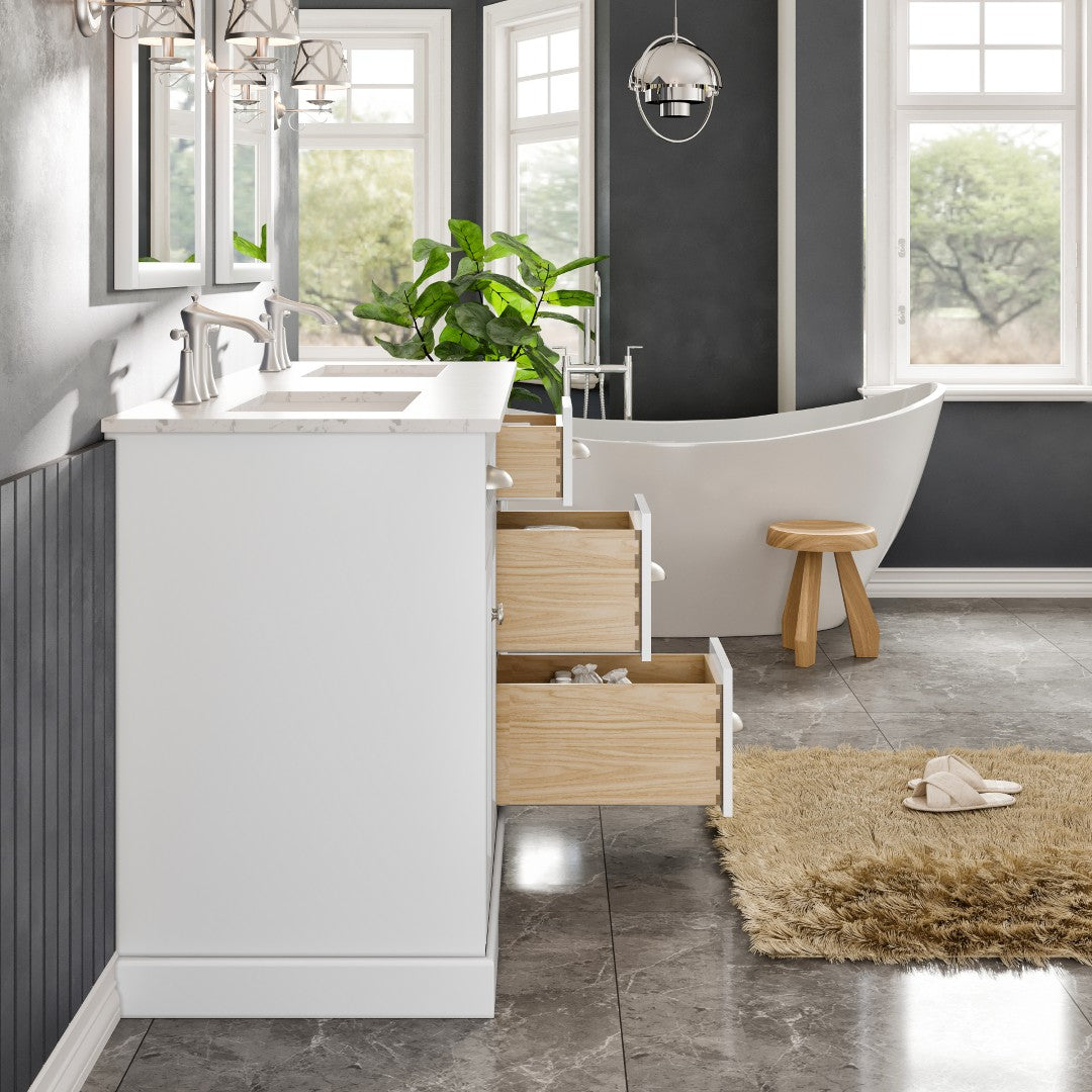 Epic 60 in. White Double Sink Bath Vanity with Carrara Quartz Top and Undermount Porcelain Sinks