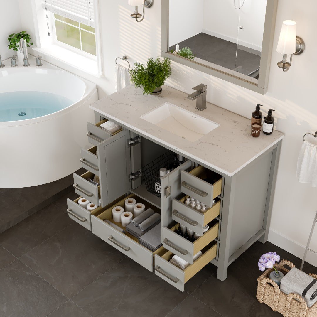 London 42 in. Gray Single Sink Bath Vanity with Carrara Quartz Top and Undermount Porcelain Sink - Bathroom Vanity by Eviva