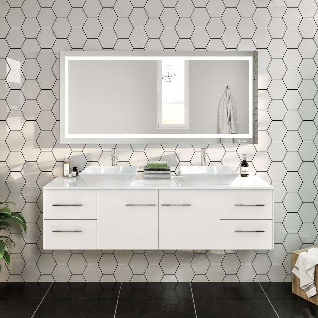 Wave 60 in. White Wall Mount Double Sink Bath Vanity with White Quartz Top and Vessel Porcelain Sinks - Bathroom Vanity by Eviva