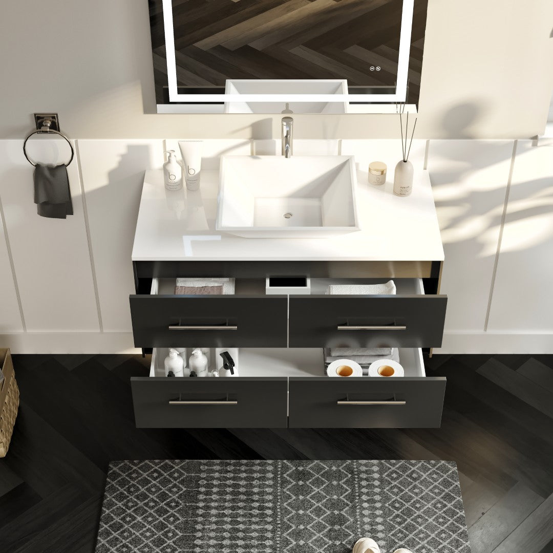 Wave 36 in. Espresso Wall Mount Single Sink Bath Vanity with White Quartz Top and Vessel Porcelain Sink