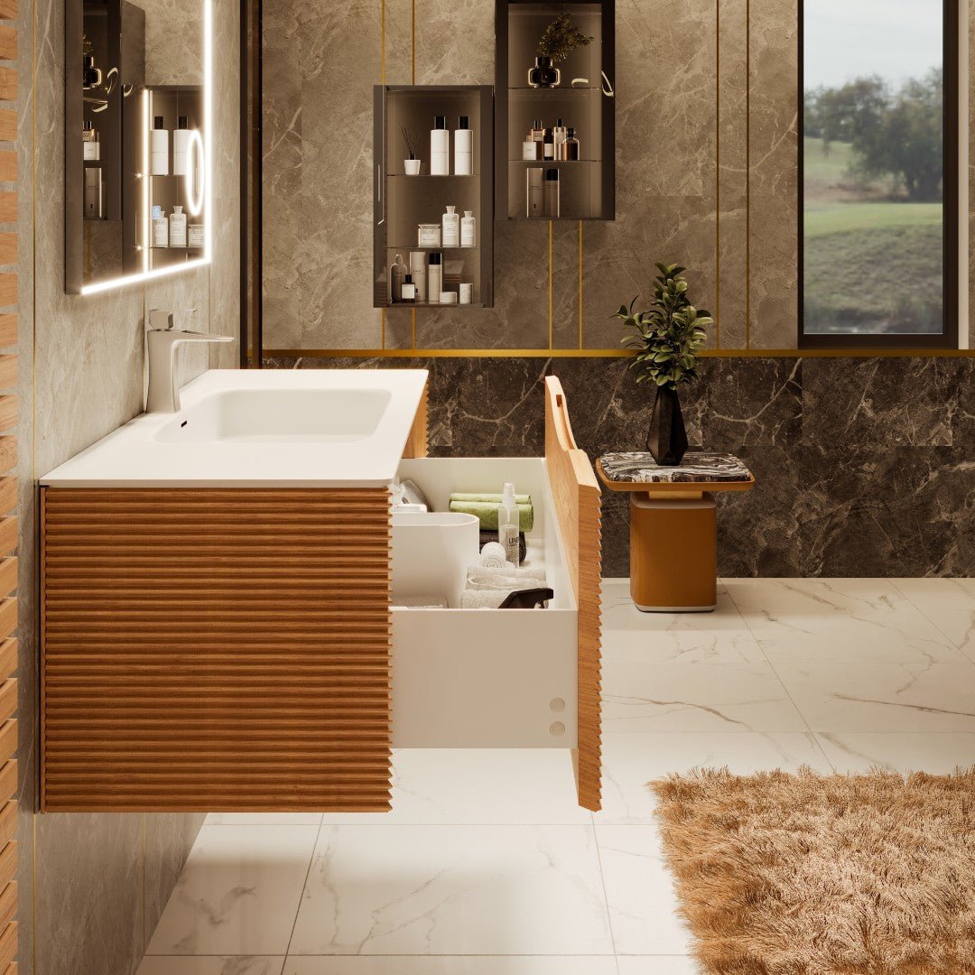Leah 39 in. Medium Oak Wall Mount Single Sink Bath Vanity with Solid Surface Top and Integrated Sink - Bathroom Vanity by Eviva