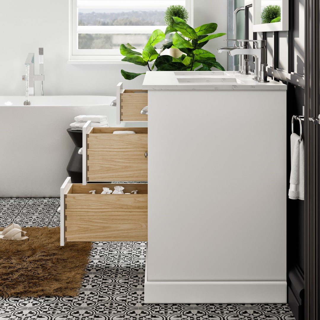 Epic 48 in. White Double Sink Bath Vanity with Carrara Quartz Top and Undermount Porcelain Sinks - Bathroom Vanity by Eviva