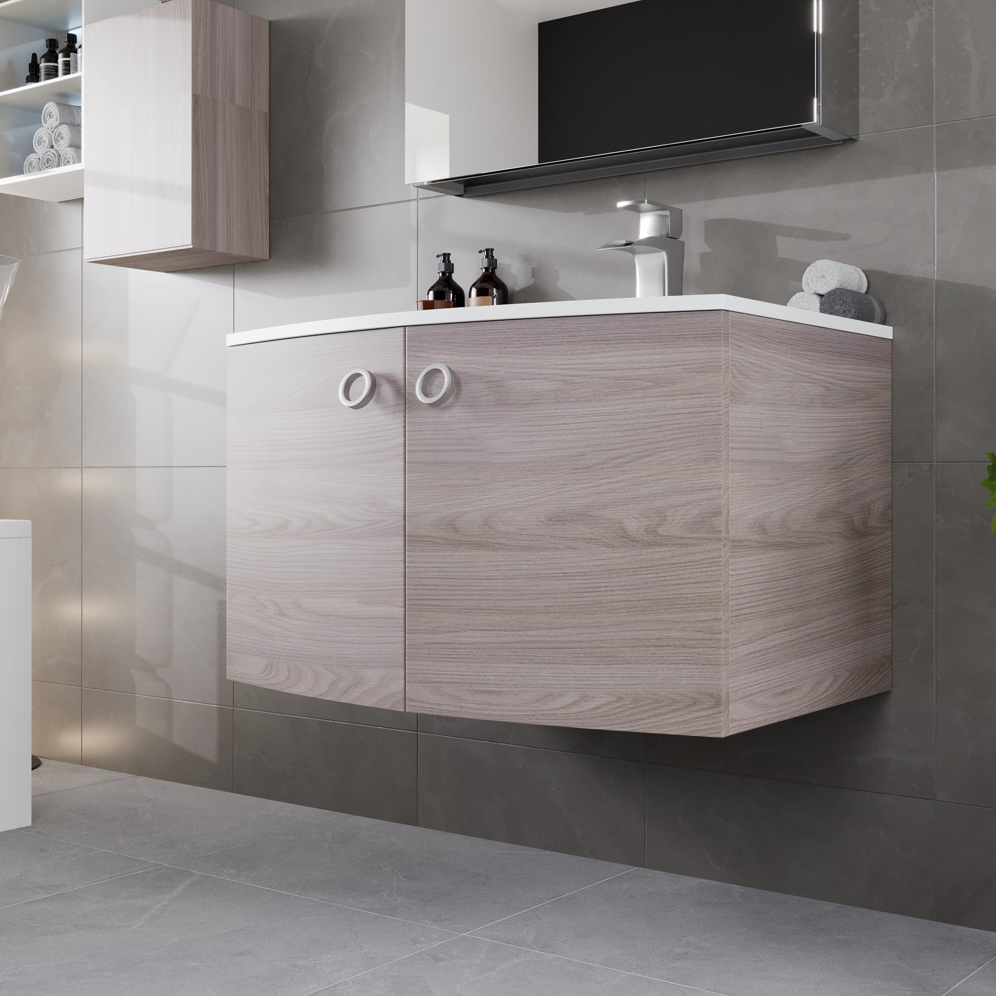 Romina 28 in. Gray Oak Wall Mount Single Sink Bath Vanity with Acrylic Top and Integrated Sink
