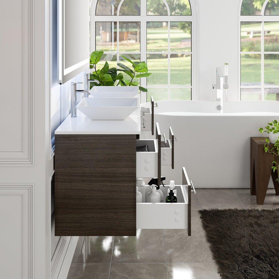Luxurious 60 in. Gray Oak Wall Mount Double Sink Bath Vanity with White Quartz Top and Vessel Porcelain Sinks - Bathroom Vanity by Eviva