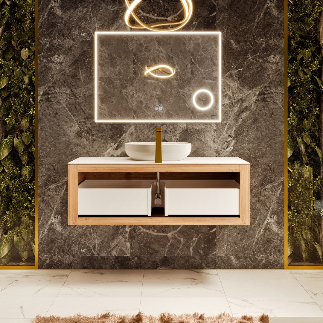 Leah 32 in. Medium Oak Wall Mount Single Sink Bath Vanity with Solid Surface Top and Vessel Solid Surface Sink