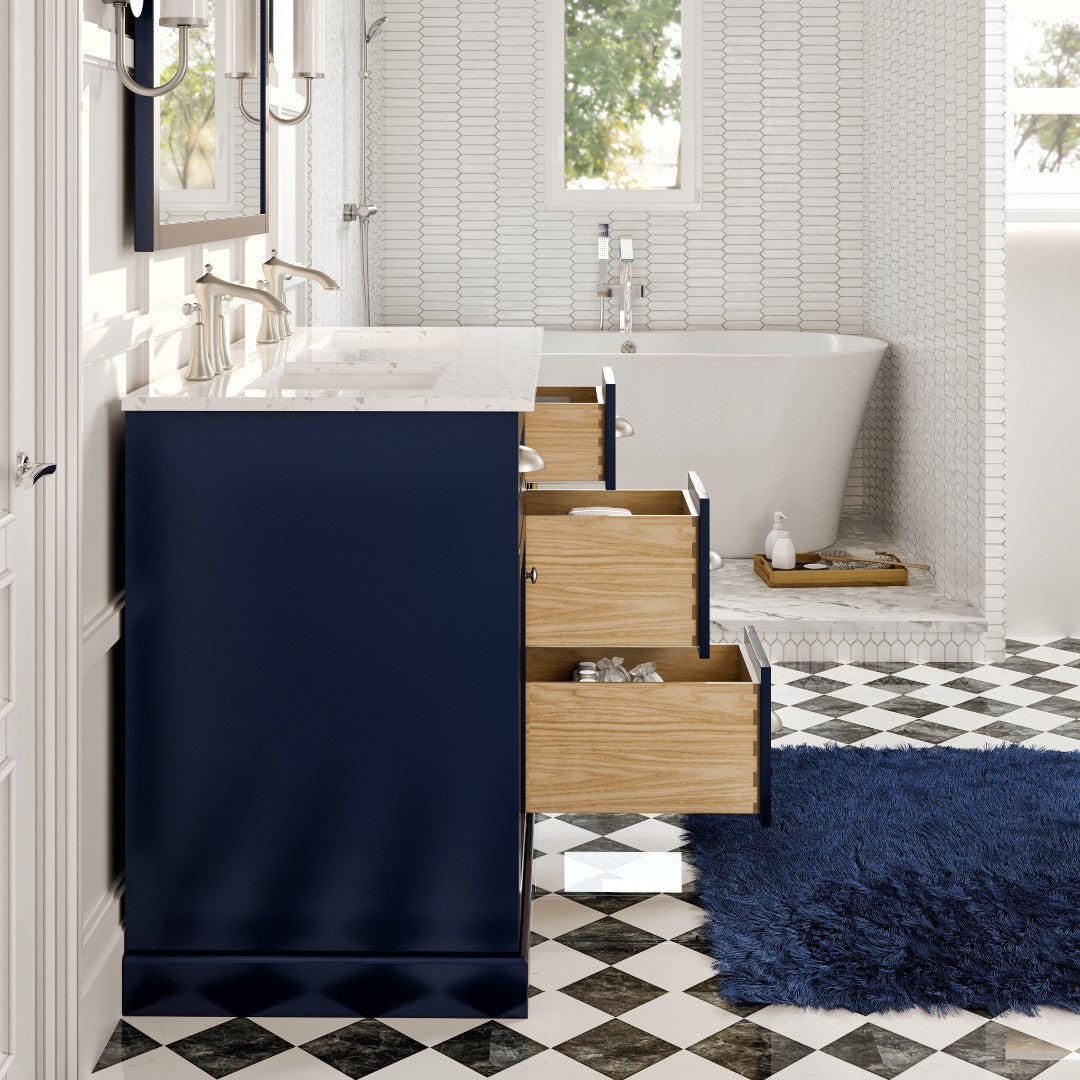 Epic 48 in. Blue Double Sink Bath Vanity with Carrara Quartz Top and Undermount Porcelain Sinks