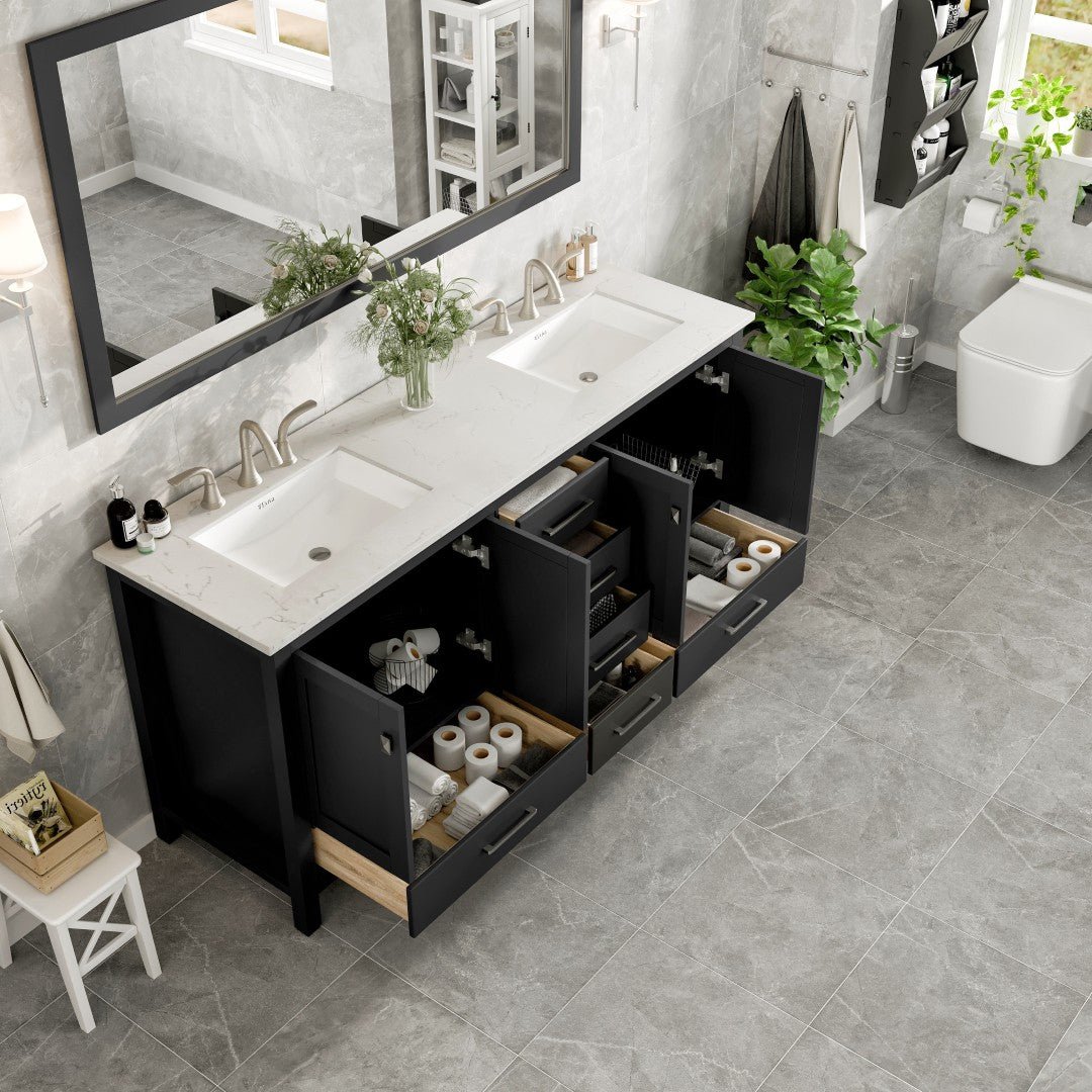 Aberdeen 78 in. Espresso Double Sink Bath Vanity with Carrara Quartz Top and Undermount Porcelain Sinks - Bathroom Vanity by Eviva
