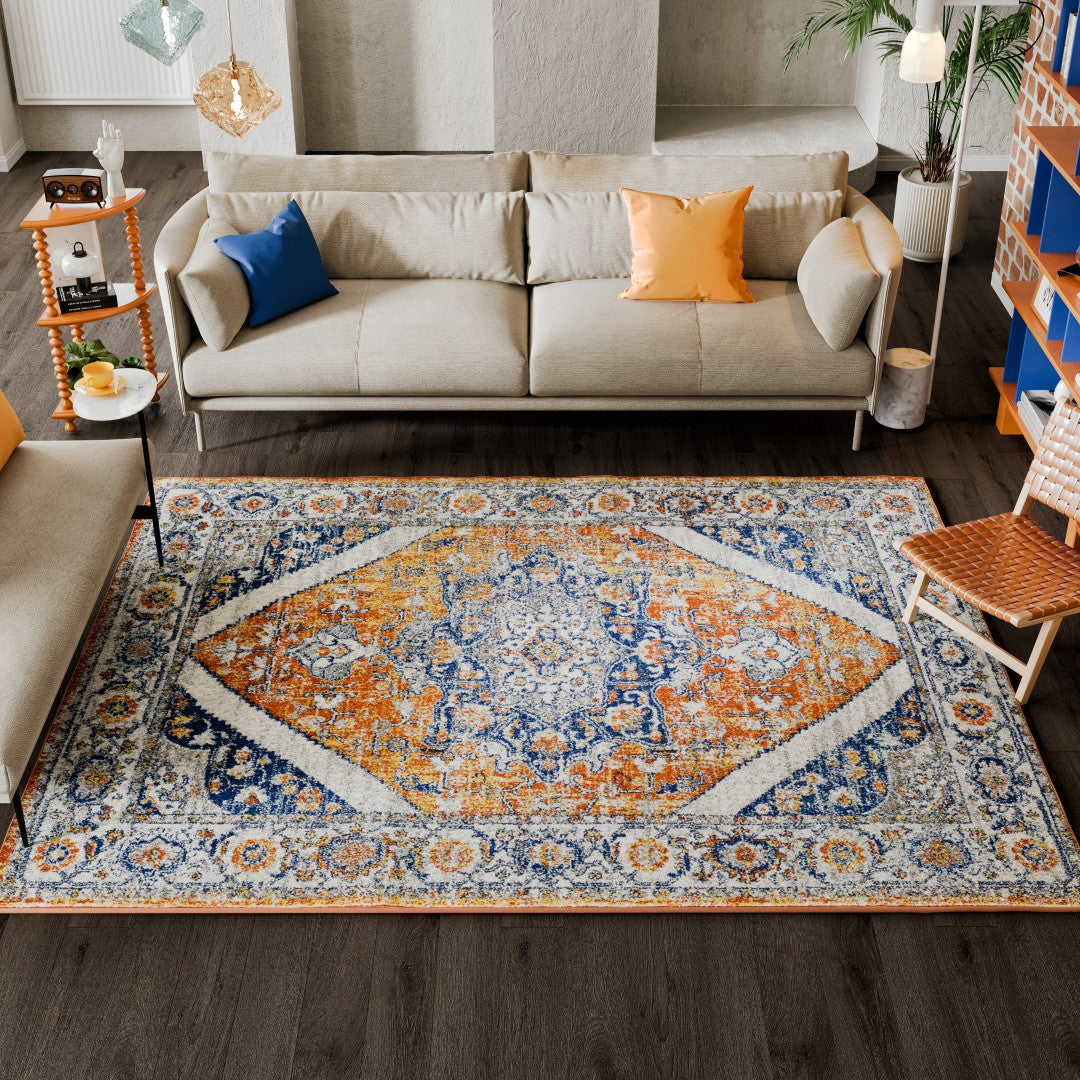 Eviva Vintage 5' x 7' Oriental Orange/Navy Rug