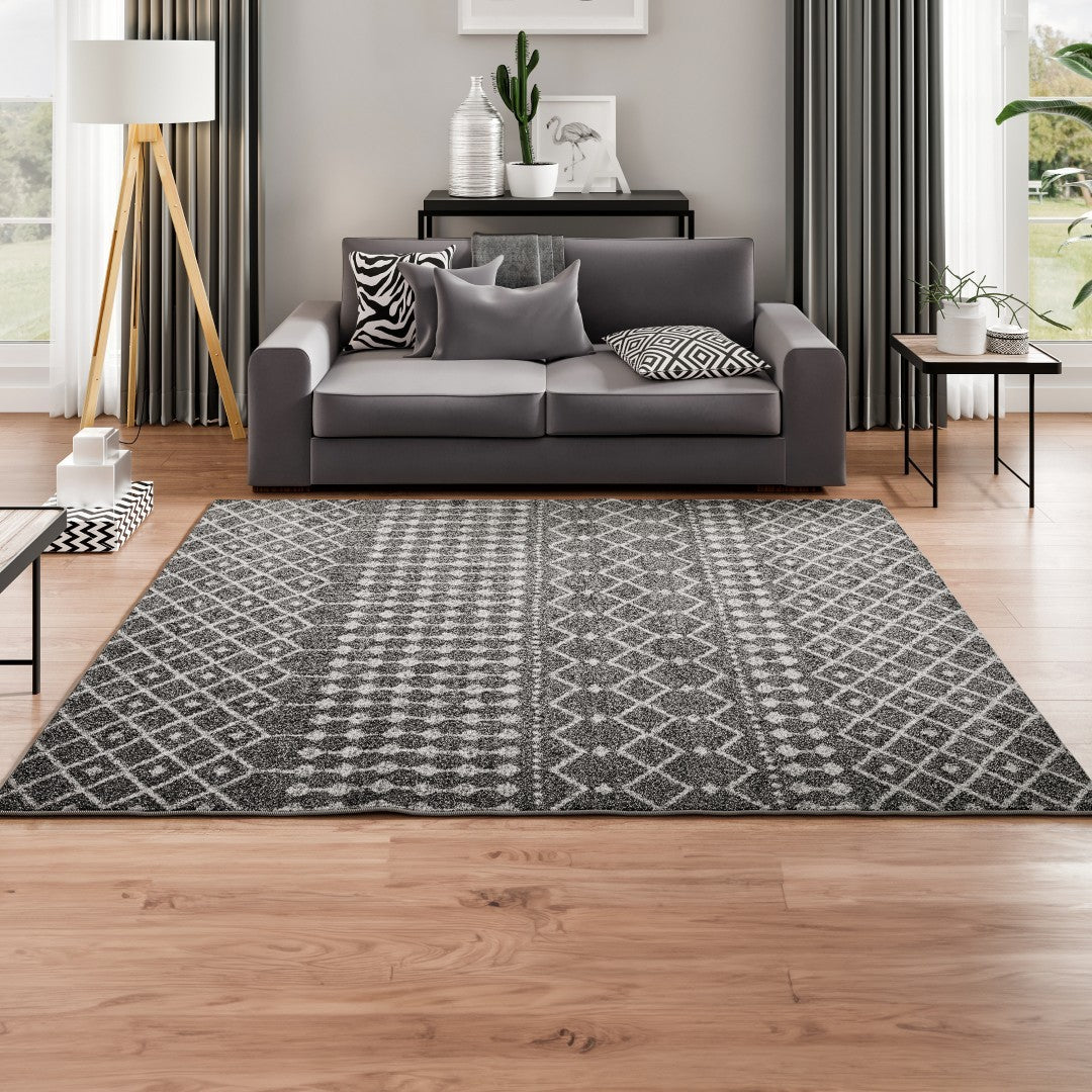Eviva Grid 5' x 7' Geometric anthracite Gray/Cream Rug - Rug by Eviva