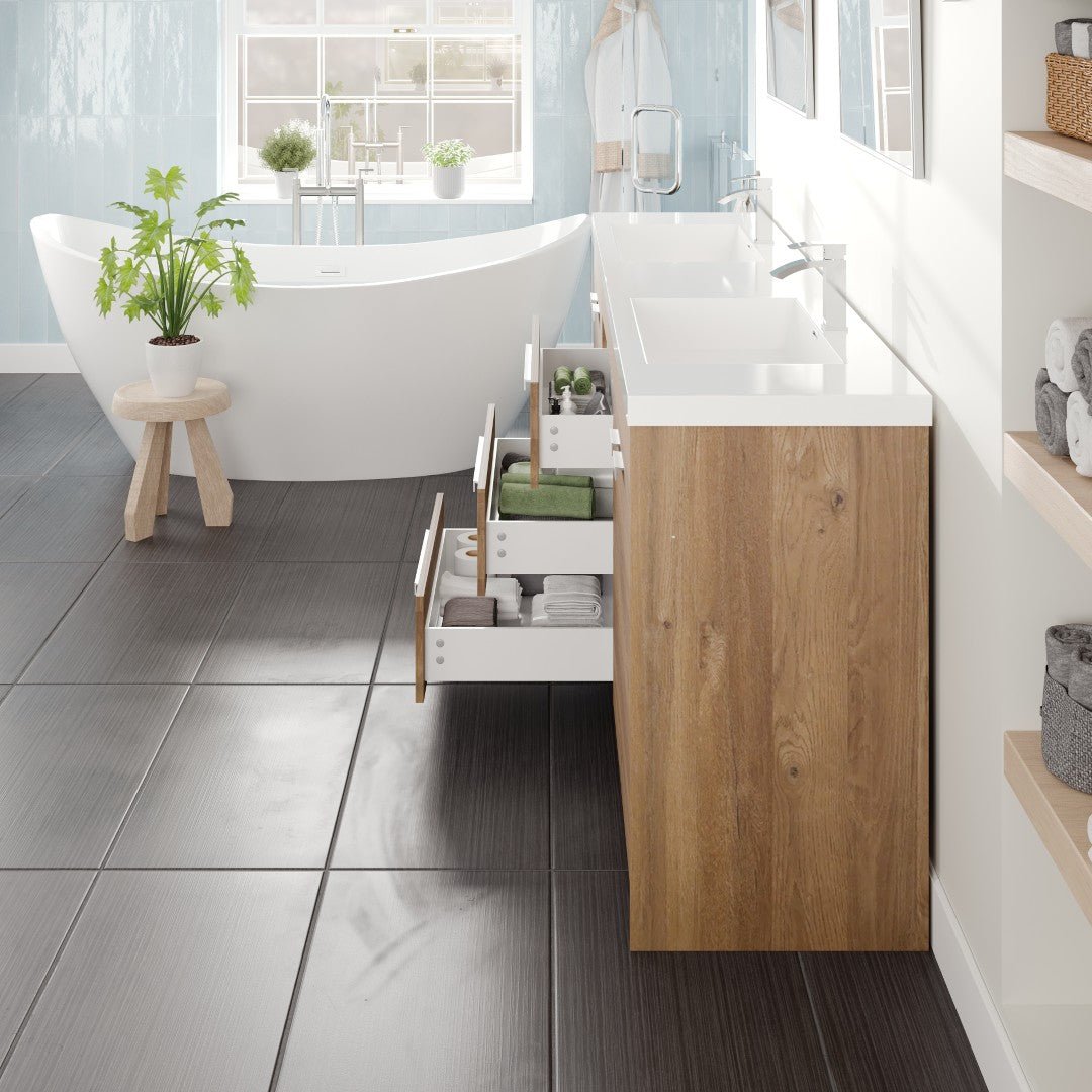 Lugano 84 in. Natural Oak Double Sink Bath Vanity with Acrylic Top and Integrated Sinks - Bathroom Vanity by Eviva