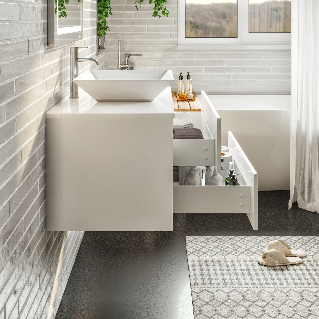 Wave 30 in. White Wall Mount Single Sink Bath Vanity with White Quartz Top and Vessel Porcelain Sink - Bathroom Vanity by Eviva
