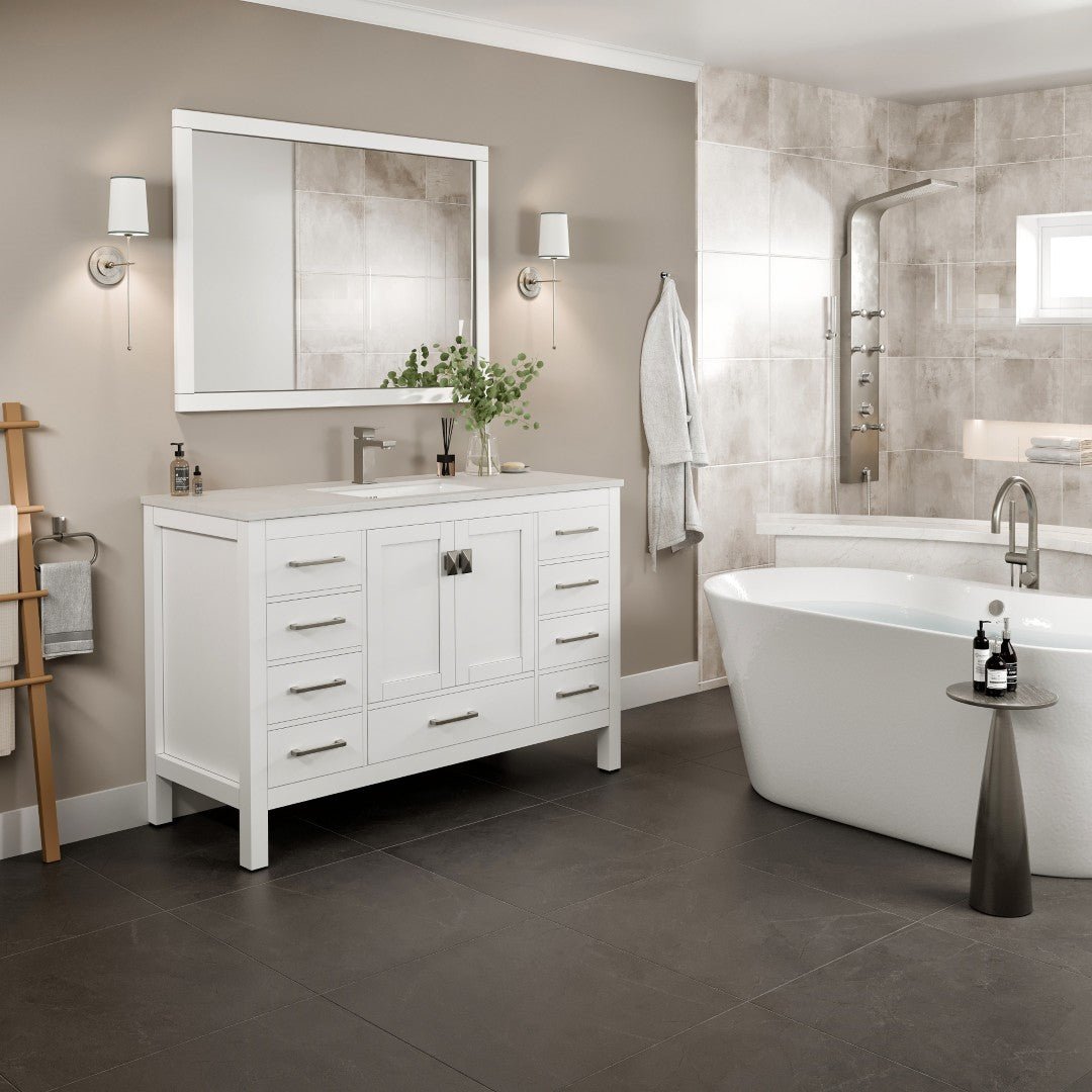 London 54 in. White Single Sink Bath Vanity with Carrara Quartz Top and Undermount Porcelain Sink - Bathroom Vanity by Eviva