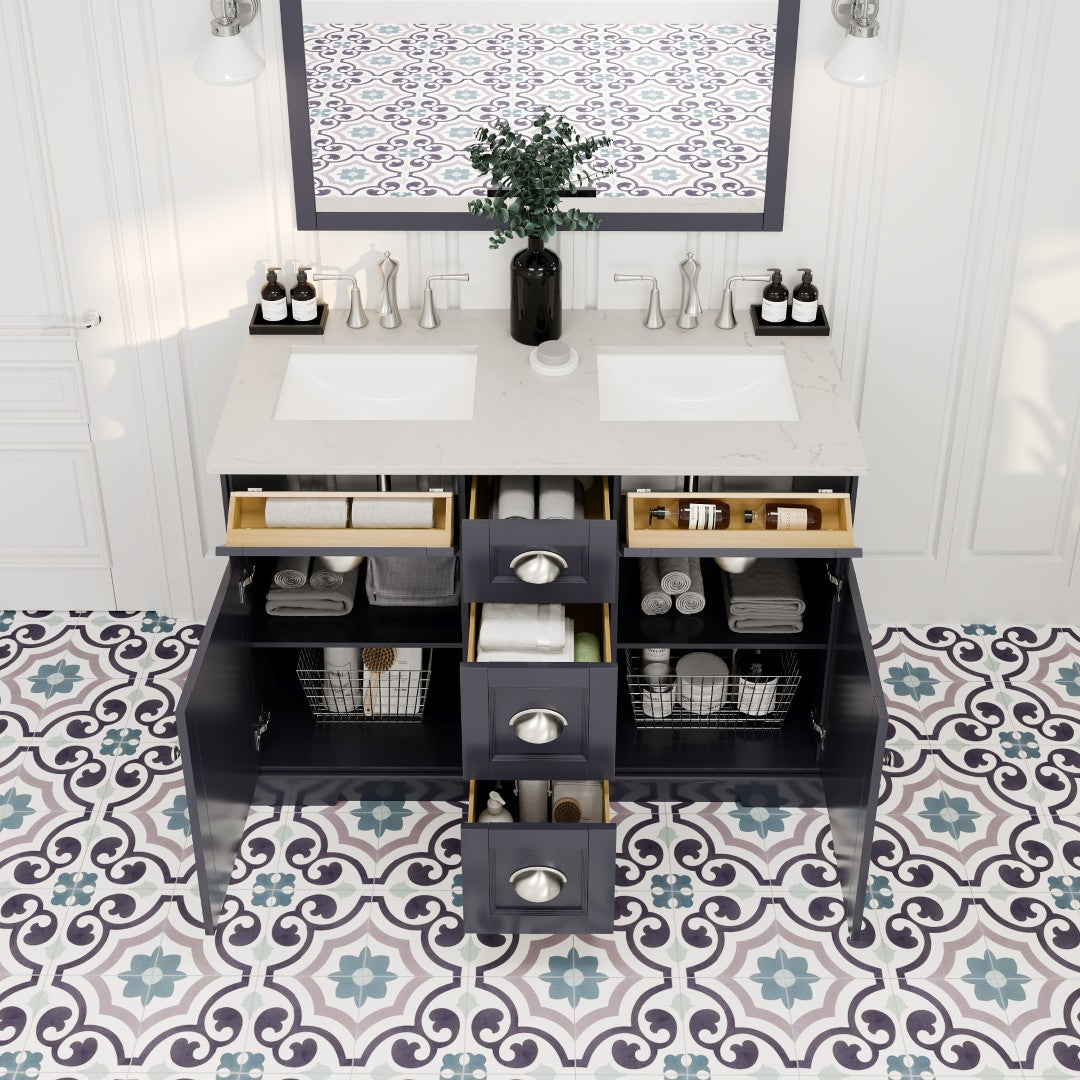 Epic 48 in. Charcoal Gray Double Sink  Bath Vanity with Carrara Quartz Top and Undermount Porcelain Sinks