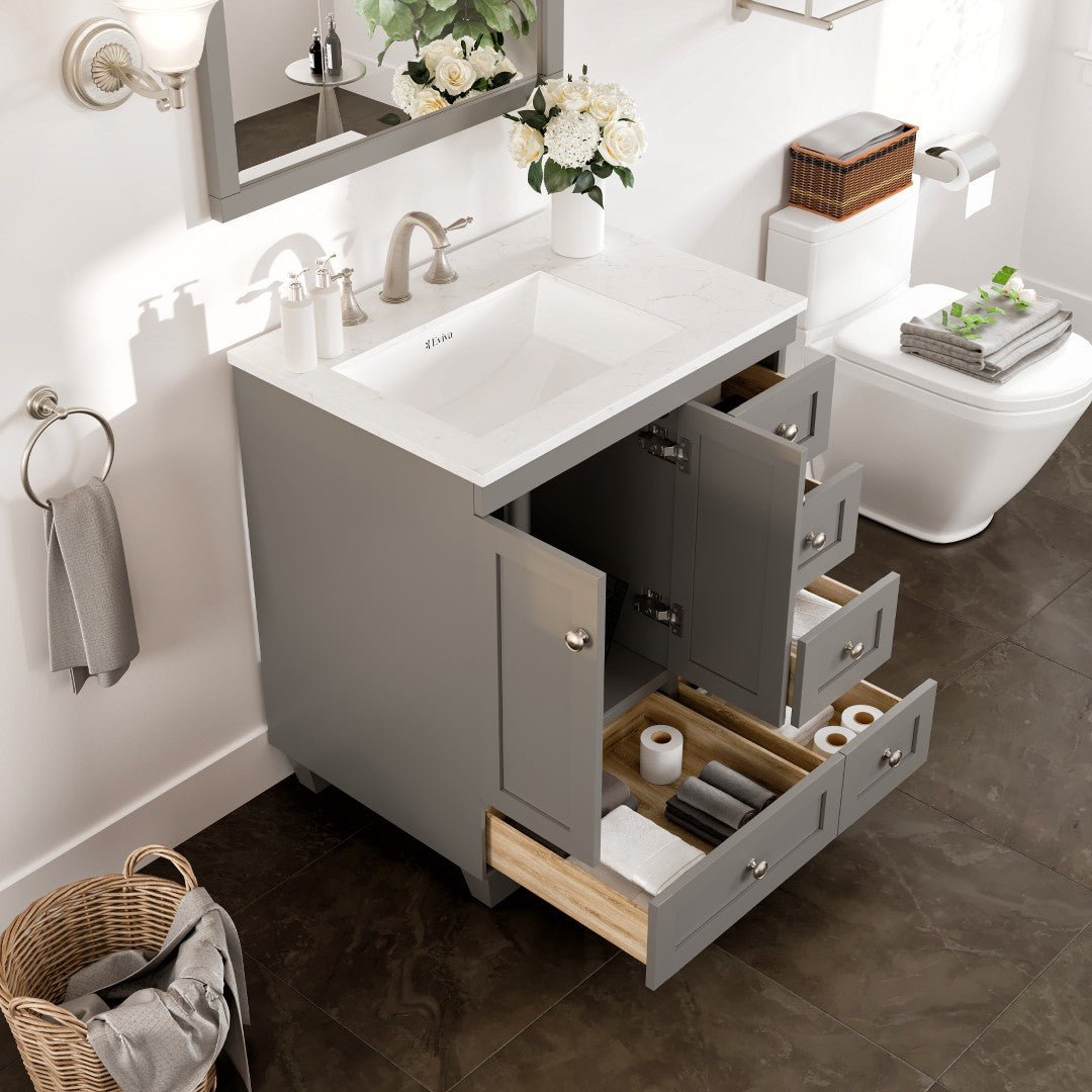 Acclaim 28 in. Gray Single Sink Bath Vanity with Carrara Quartz Top and Undermount Porcelain Sink - Bathroom Vanity by Eviva