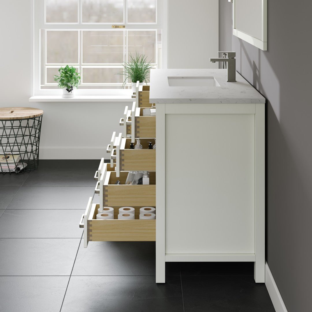 London 48 in. White Single Sink Bath Vanity with Carrara Quartz Top and Undermount Porcelain Sink - Bathroom Vanity by Eviva