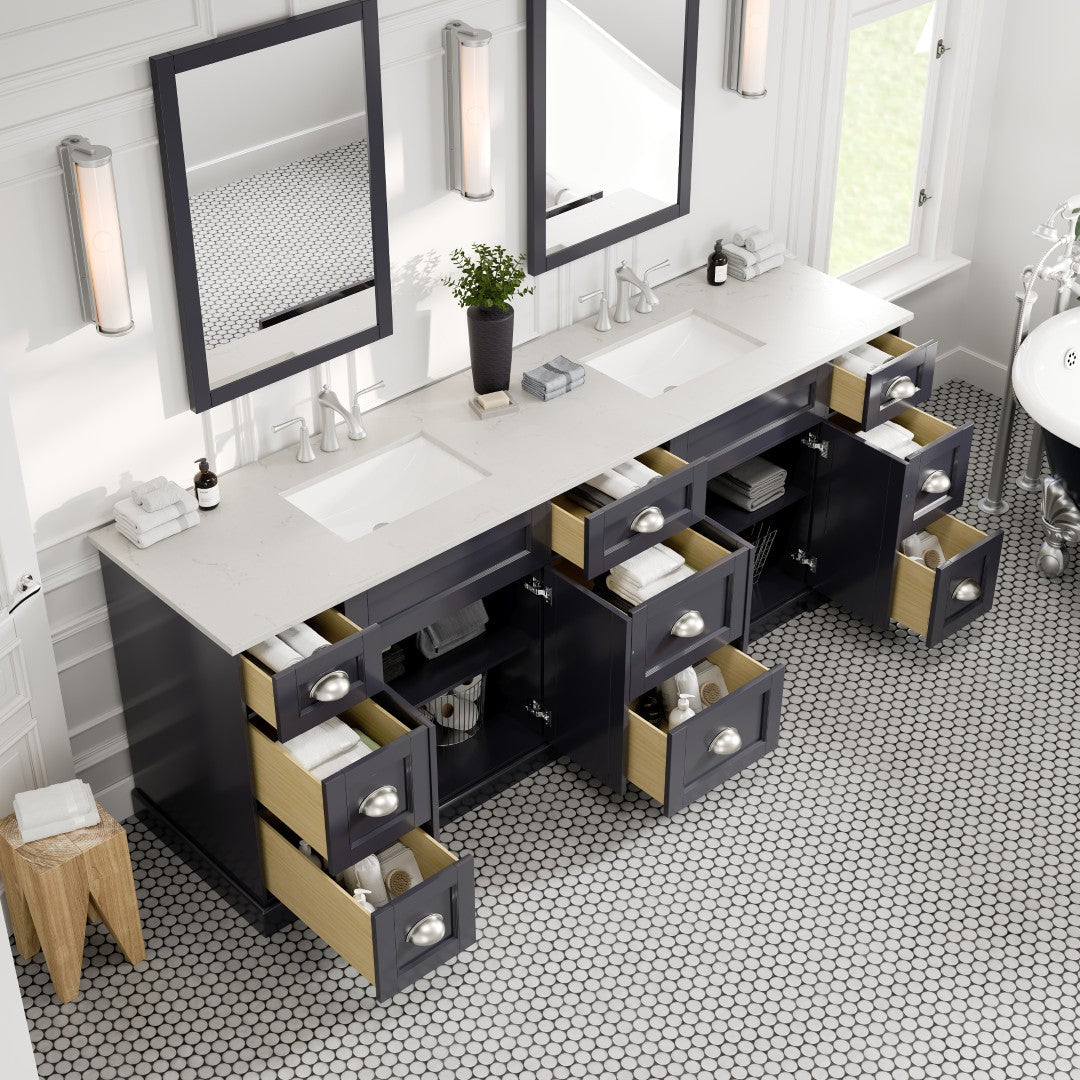 Epic 96 in. Charcoal Gray Double Sink Bath Vanity with Carrara Quartz Top and Undermount Porcelain Sinks