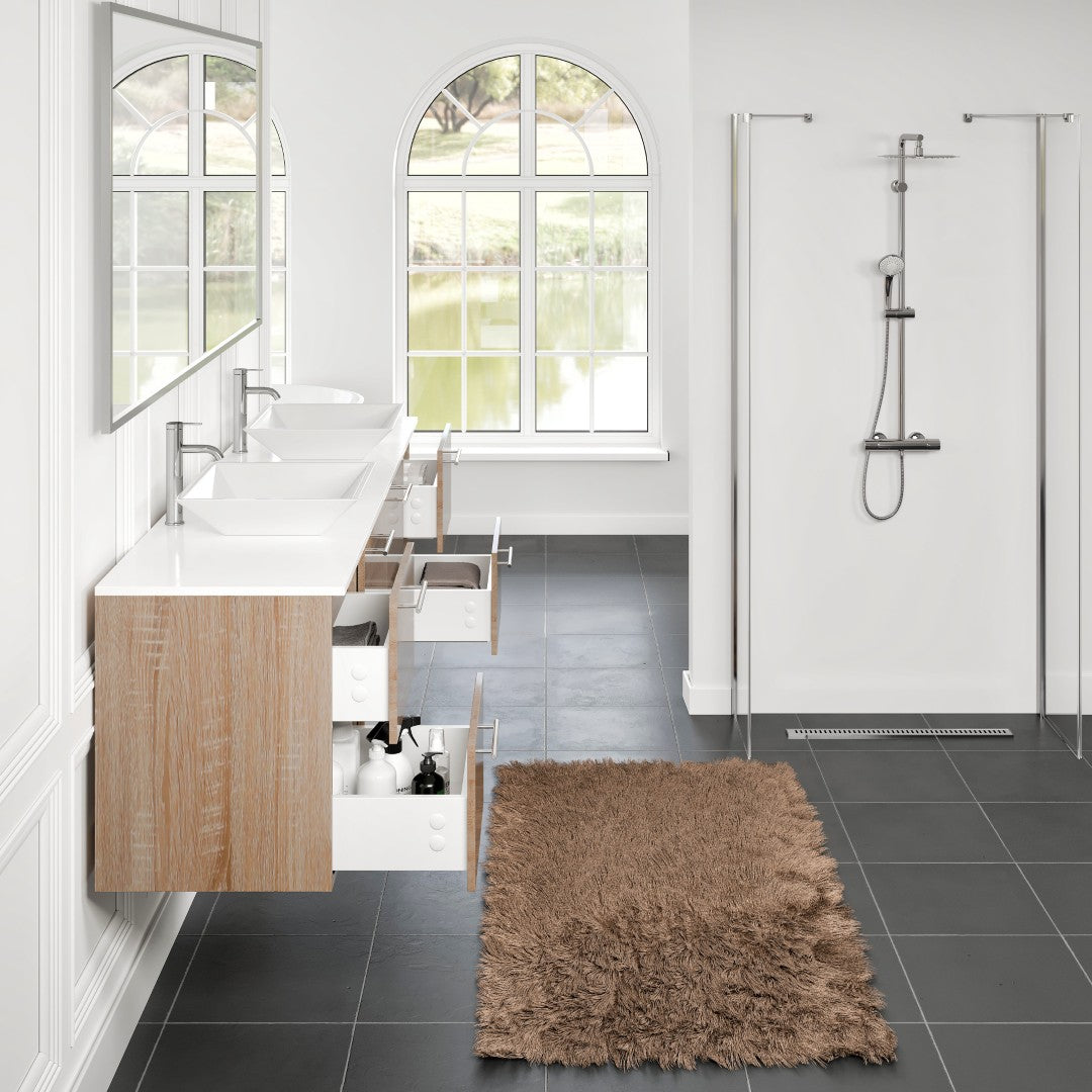 Luxy 72 in. White Oak Wall Mount Double Sink Bath Vanity with White Quartz Top and Vessel Porcelain Sinks