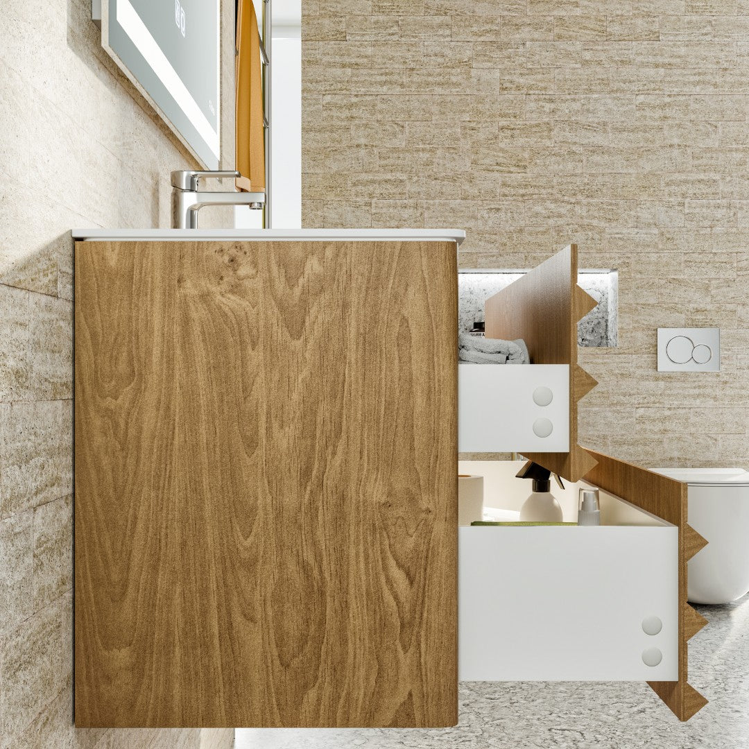 Oahu 32 in. Oak Wall Mount Single Sink Bath Vanity with Solid Surface Top and Integrated Sink