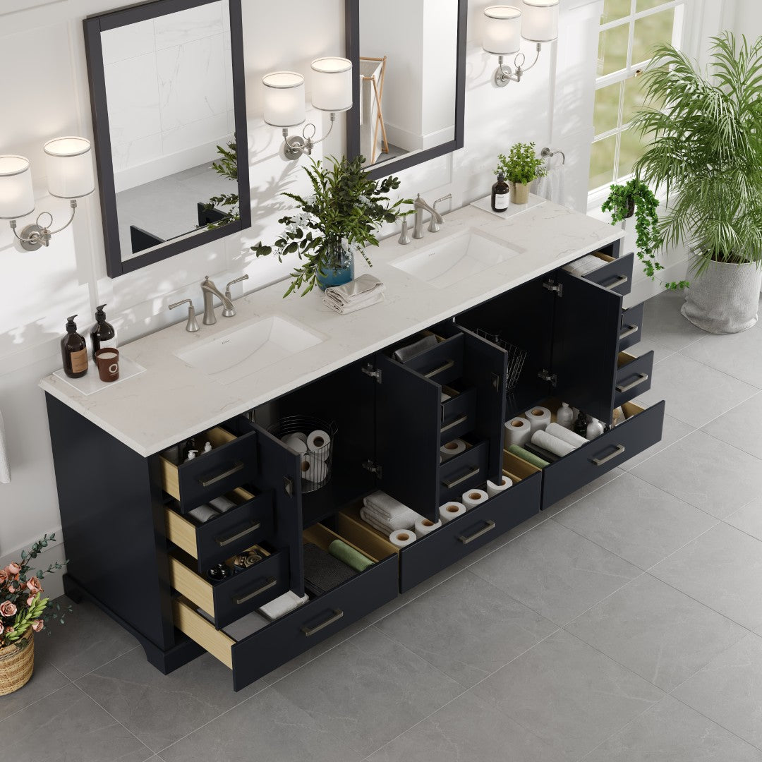 Storehouse 84 in. Dark Gray Double Sink Bath Vanity with Carrara Quartz Top and Undermount Porcelain Sinks