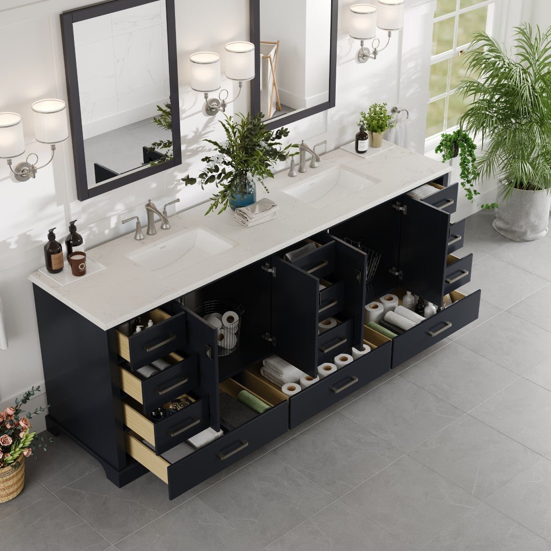 Storehouse 84 in. Dark Gray Double Sink Bath Vanity with Carrara Quartz Top and Undermount Porcelain Sinks - Bathroom Vanity by Eviva