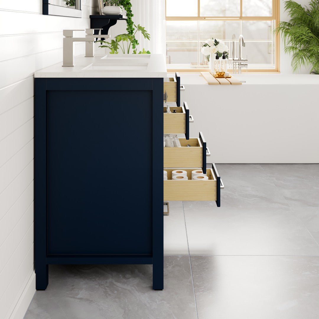 London 48 in. Blue Double Sink Bath Vanity with Carrara Quartz Top and Undermount Porcelain Sinks - Bathroom Vanity by Eviva