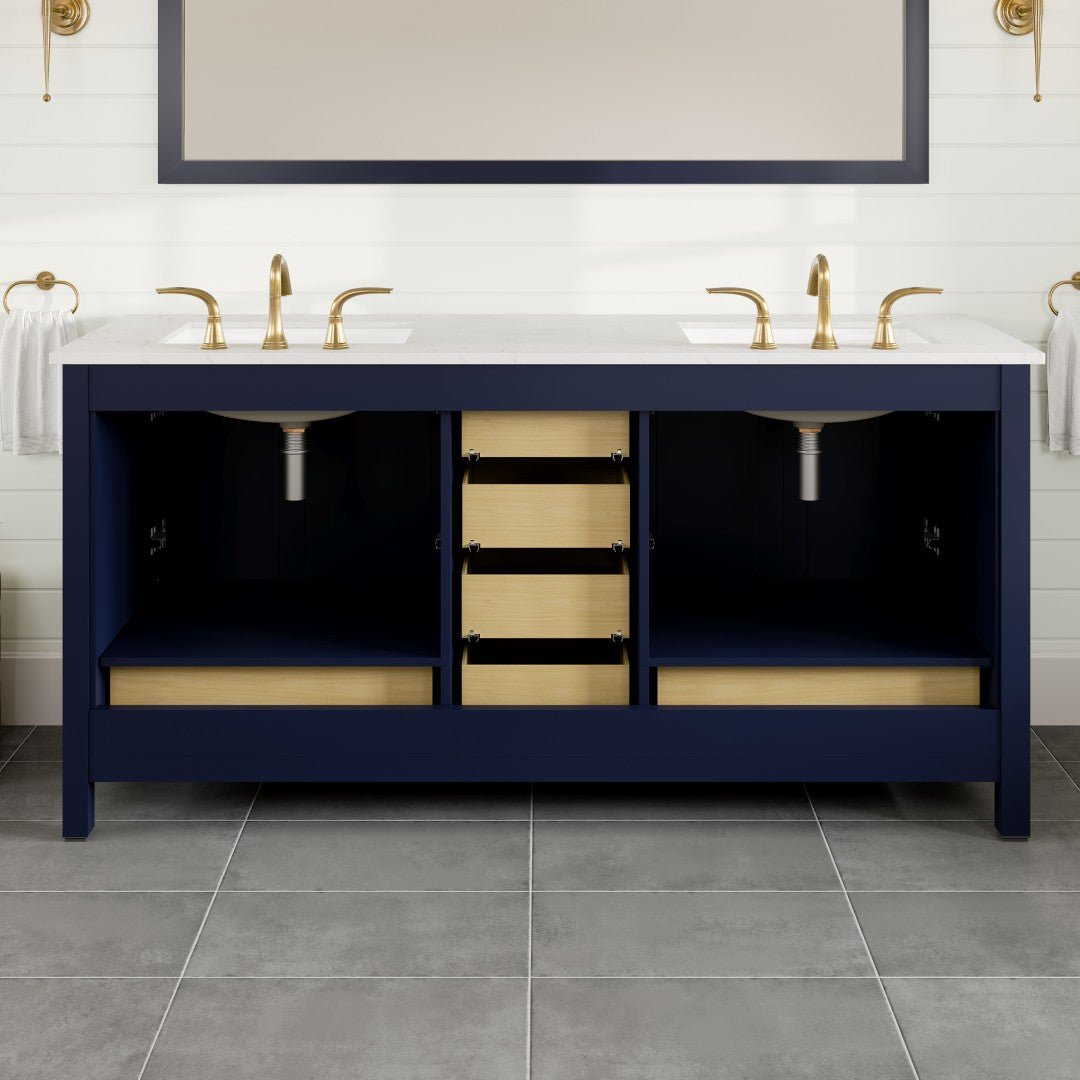 Aberdeen 72 in. Blue Double Sink Bath Vanity with Carrara Quartz Top and Undermount Porcelain Sinks - Bathroom Vanity by Eviva