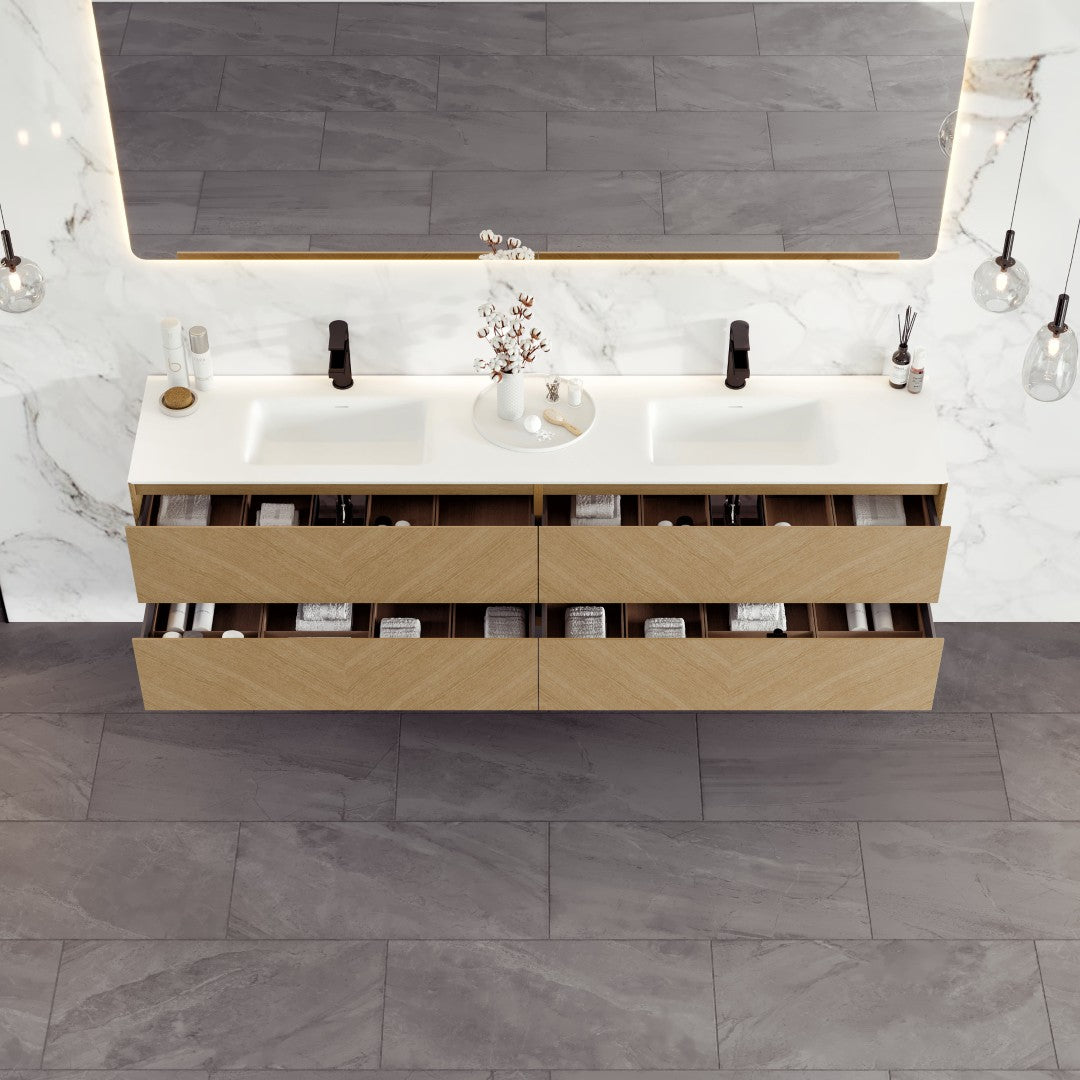 Lotus 71 in. Natural Oak Wall Mount Double Sink Bath Vanity with Solid Surface Top and Integrated Sinks