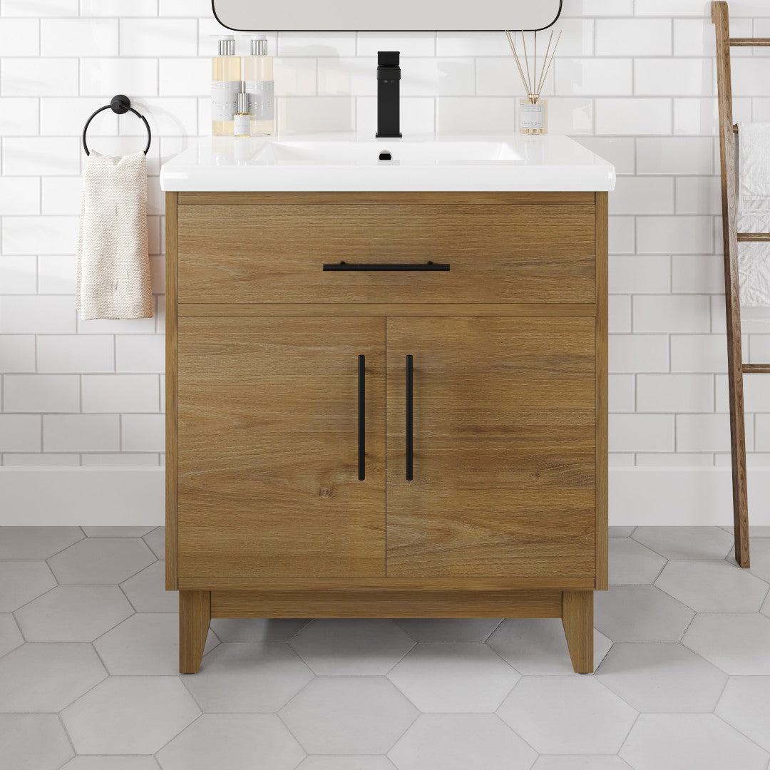 Graham 30 in. Oak Single Sink Bath Vanity with Porcelain Top and Integrated Sink