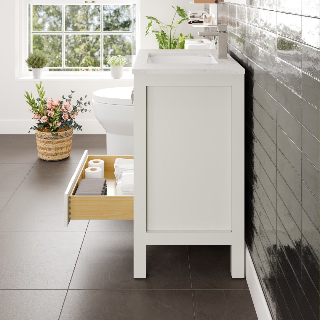 London 30 in. White Single Sink Bath Vanity with Carrara Quartz Top and Undermount Porcelain Sink - Bathroom Vanity by Eviva
