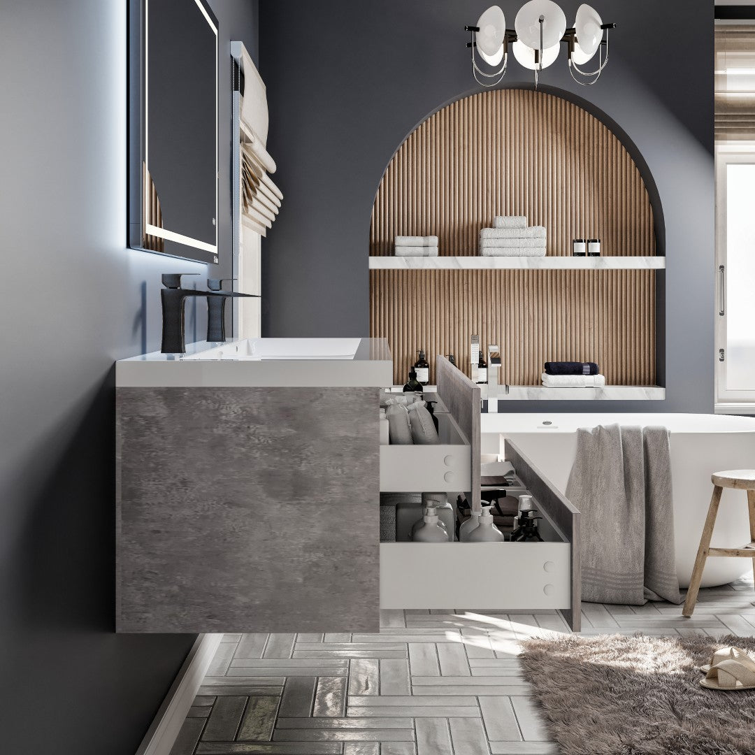 Surf 57 in. Concrete Gray Wall Mount Double Sink Bath Vanity with Acrylic Top and Integrated Sinks