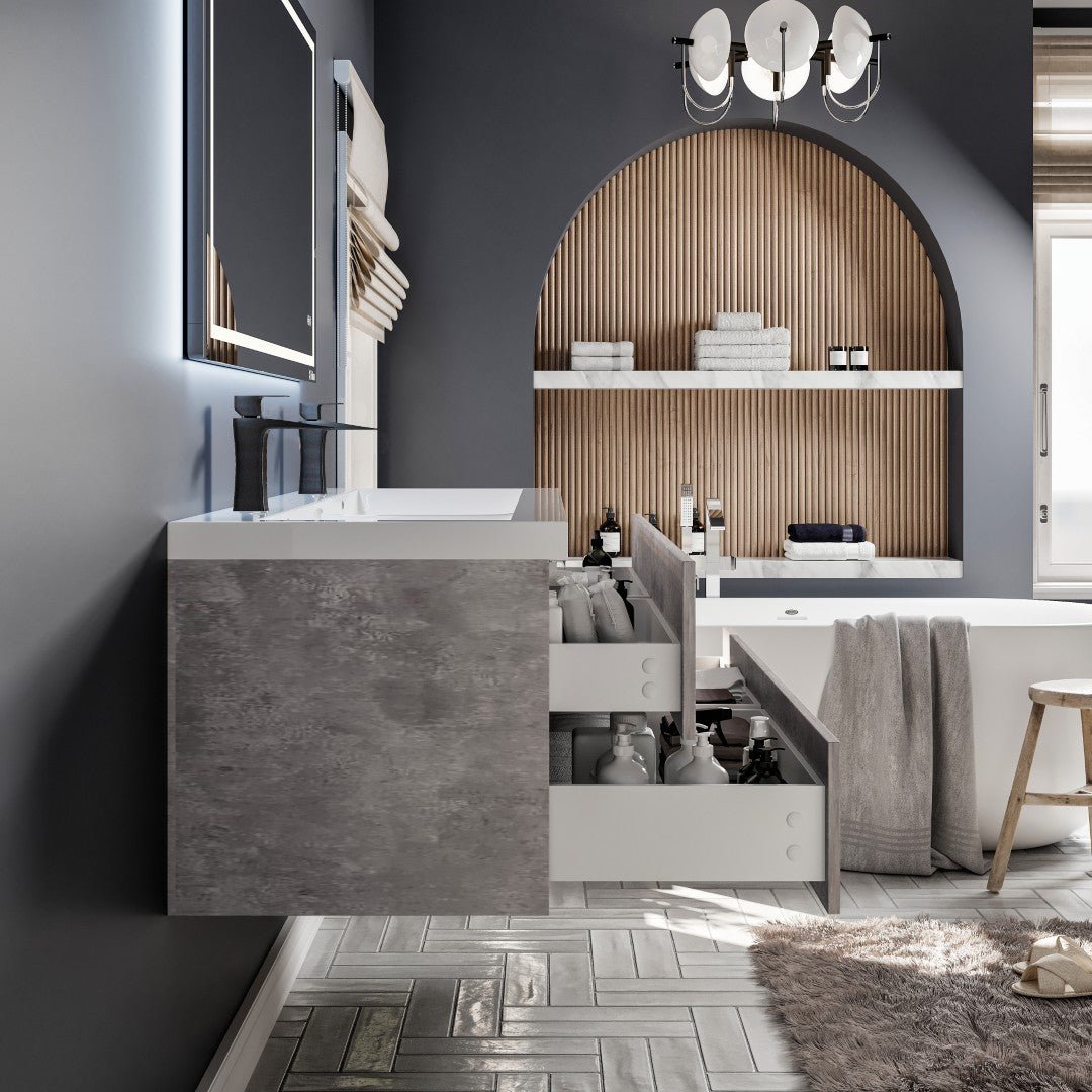 Surf 57 in. Concrete Gray Wall Mount Double Sink Bath Vanity with Acrylic Top and Integrated Sinks - Bathroom Vanity by Eviva