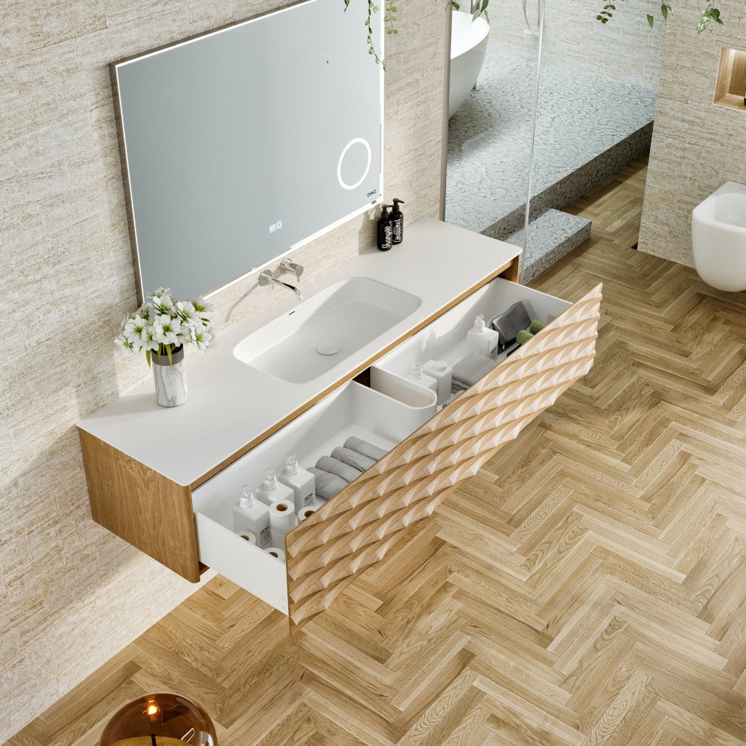 Oahu 55 in. Oak Wall Mount Single Sink Bath Vanity with Solid Surface Top and Integrated Sink