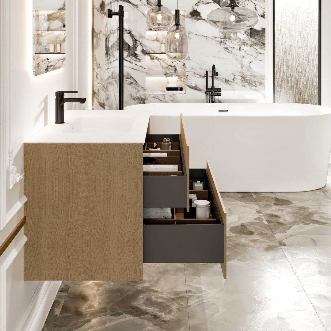 Lotus 30 in. Natural Oak Wall Mount Single Sink Bath Vanity with Solid Surface Top and Integrated Sink - Bathroom Vanity by Eviva