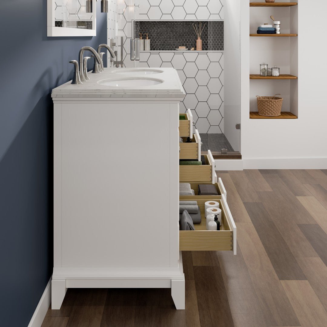 Elite Stamford 48 in. White Double Sink Bath Vanity with Carrara Quartz Top and Undermount Porcelain Sinks - Bathroom Vanity by Eviva