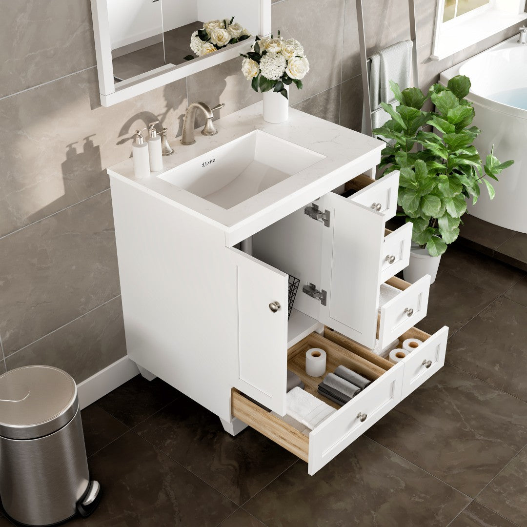 Acclaim 28 in. White Single Sink Bath Vanity with Carrara Quartz Top and Undermount Porcelain Sink