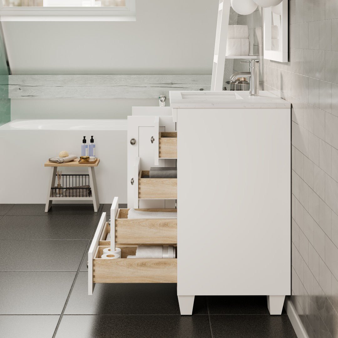 Happy 28 in. White Single Sink Bath Vanity with Carrara Quartz Top and Undermount Porcelain Sink - Bathroom Vanity by Eviva
