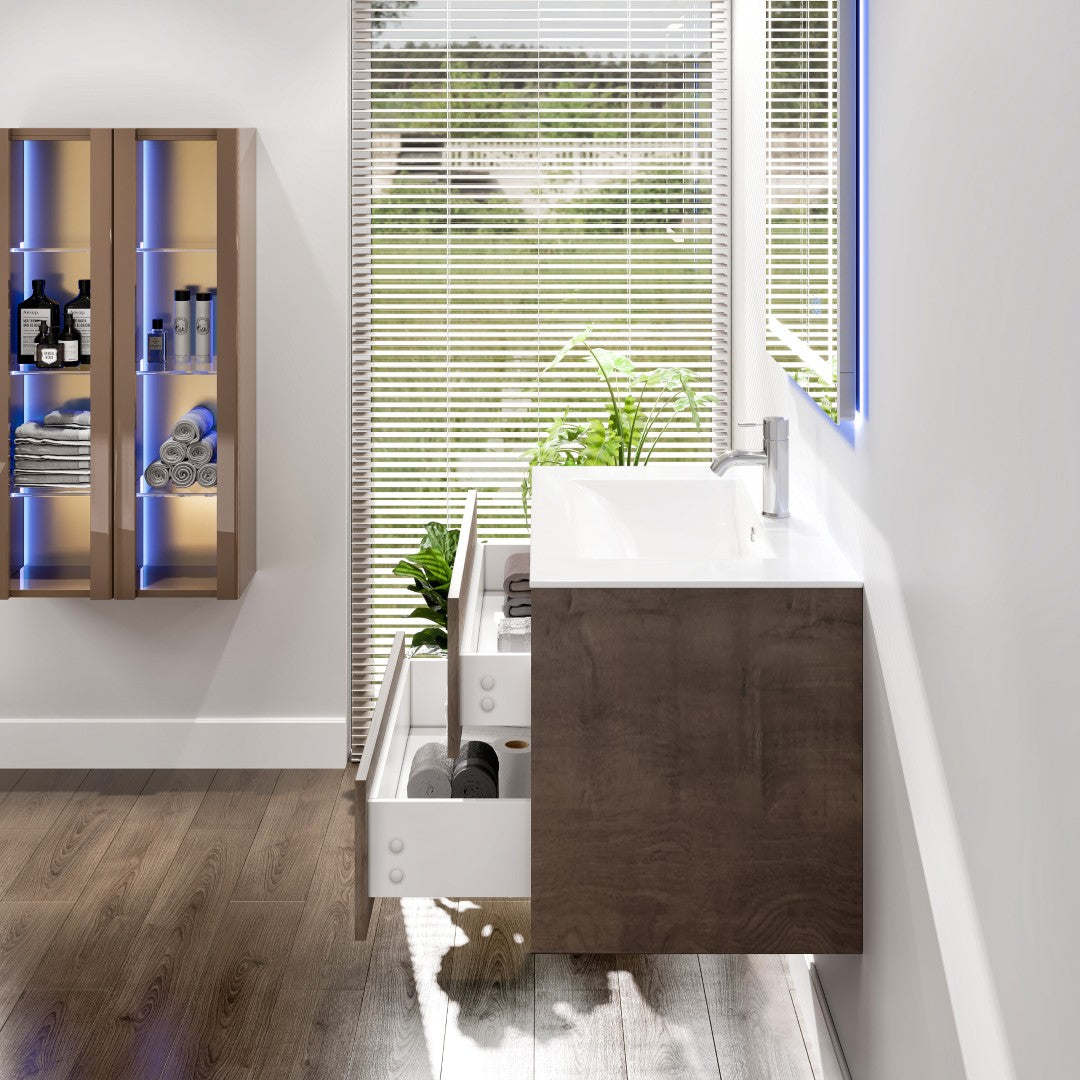 Luna 32 in. Gray Oak Wall Mount Single Sink Bath Vanity with Porcelain Top and Integrated Sink