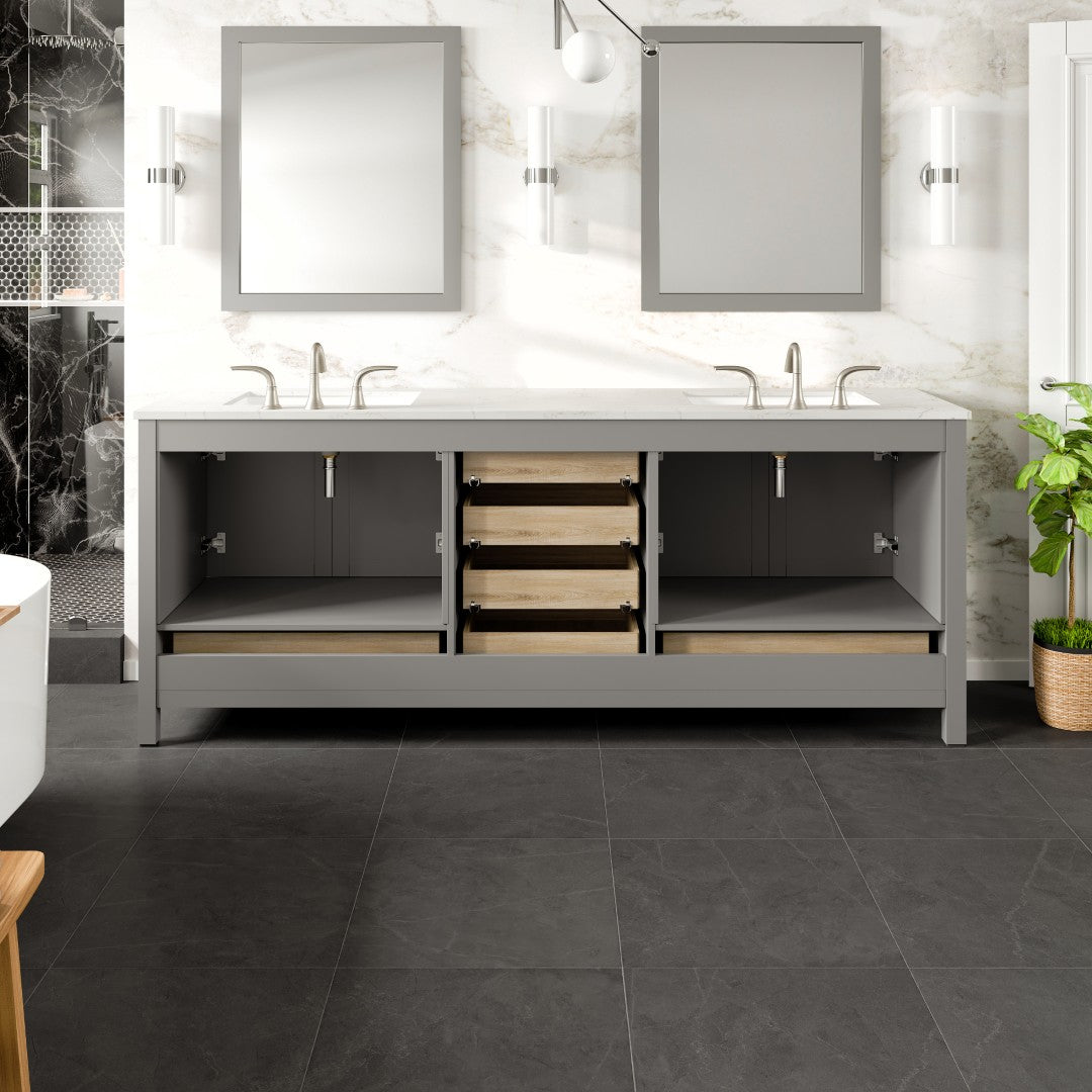 Aberdeen 84 in. Gray Double Sink Bath Vanity with Carrara Quartz Top and Undermount Porcelain Sinks
