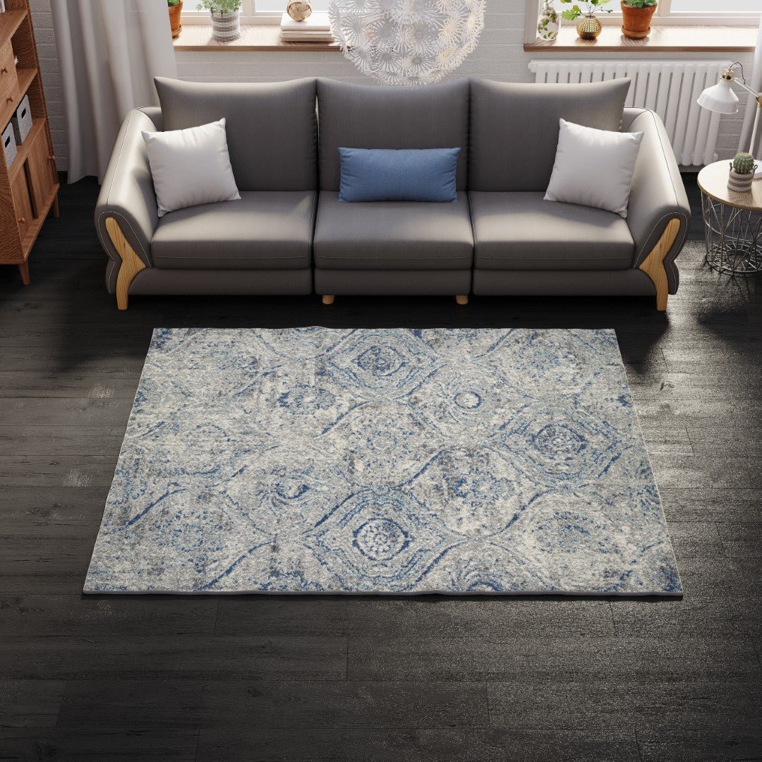 Eviva Loops 3' x 5' Damask Blue/Cream Rug - Rug by Eviva