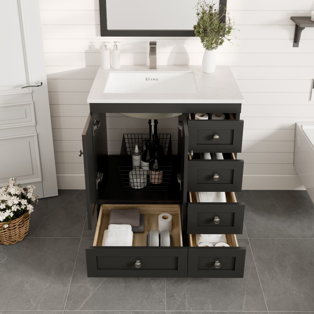 Happy 30 in. Espresso Single Sink Bath Vanity with Carrara Quartz Top and Undermount Porcelain Sink - Bathroom Vanity by Eviva